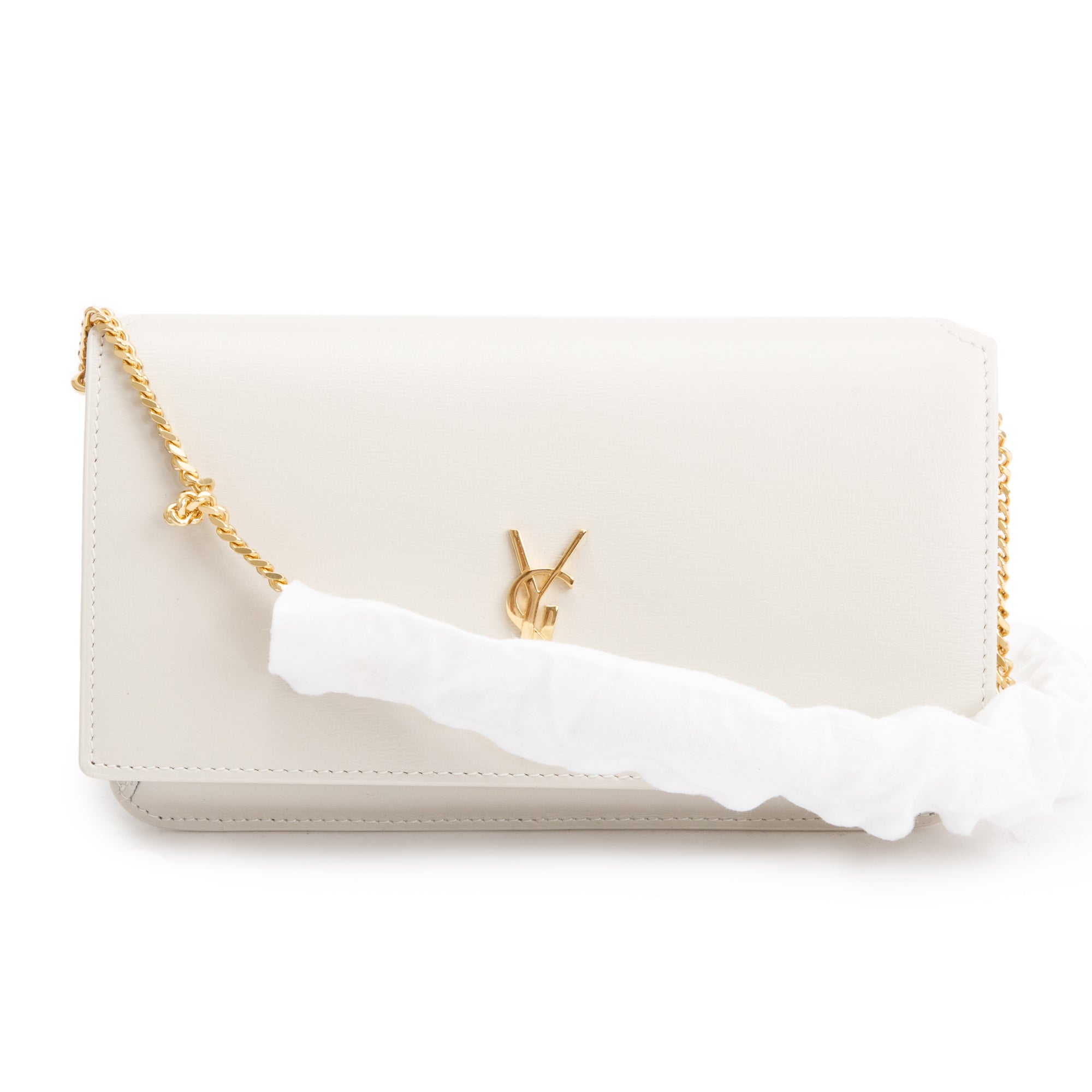 Saint Laurent 2023 White Smooth Leather Cassandre Phone Holder Bag w/ Box