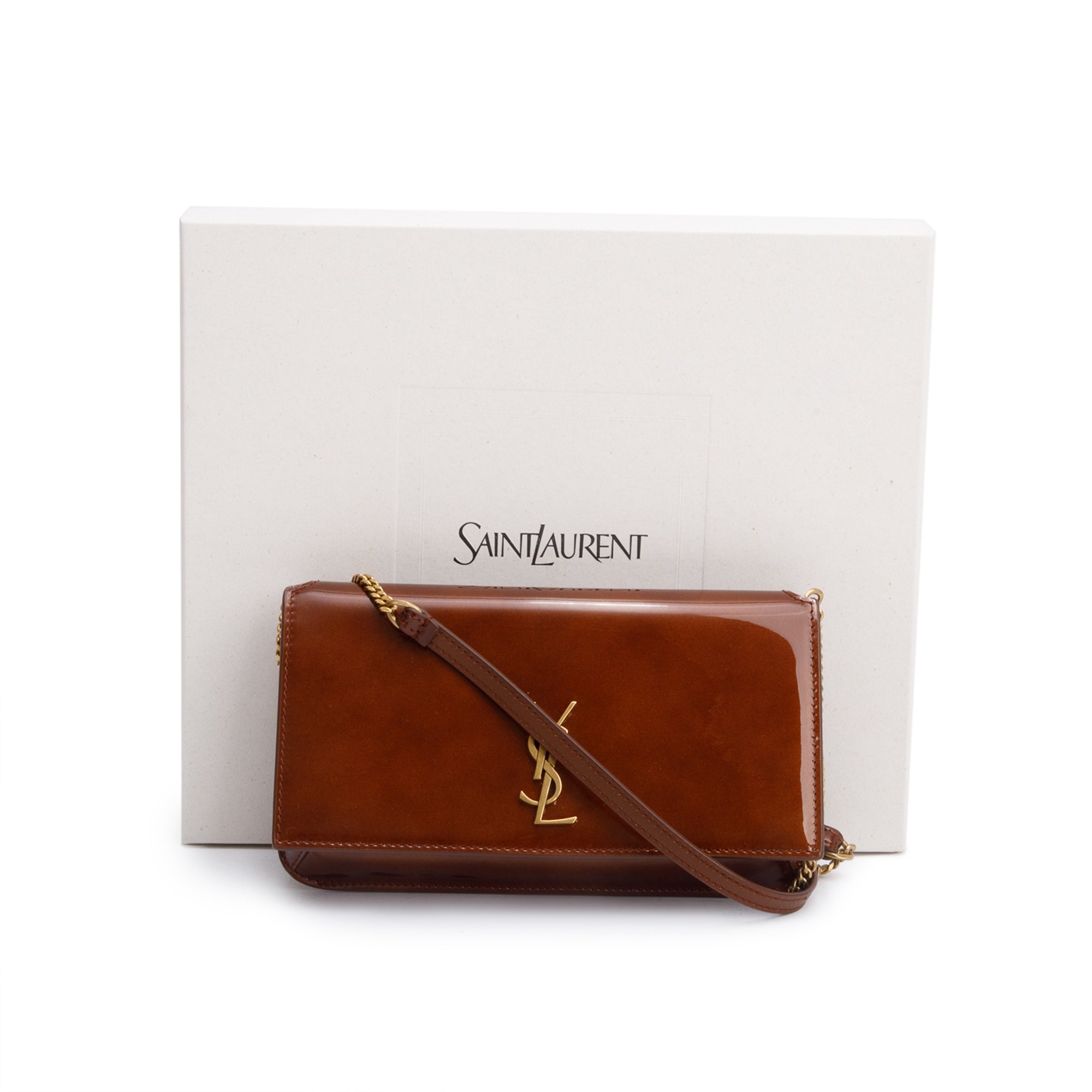 Saint Laurent 2024 Brown Patent Leather Cassandre Phone Holder w/ Box