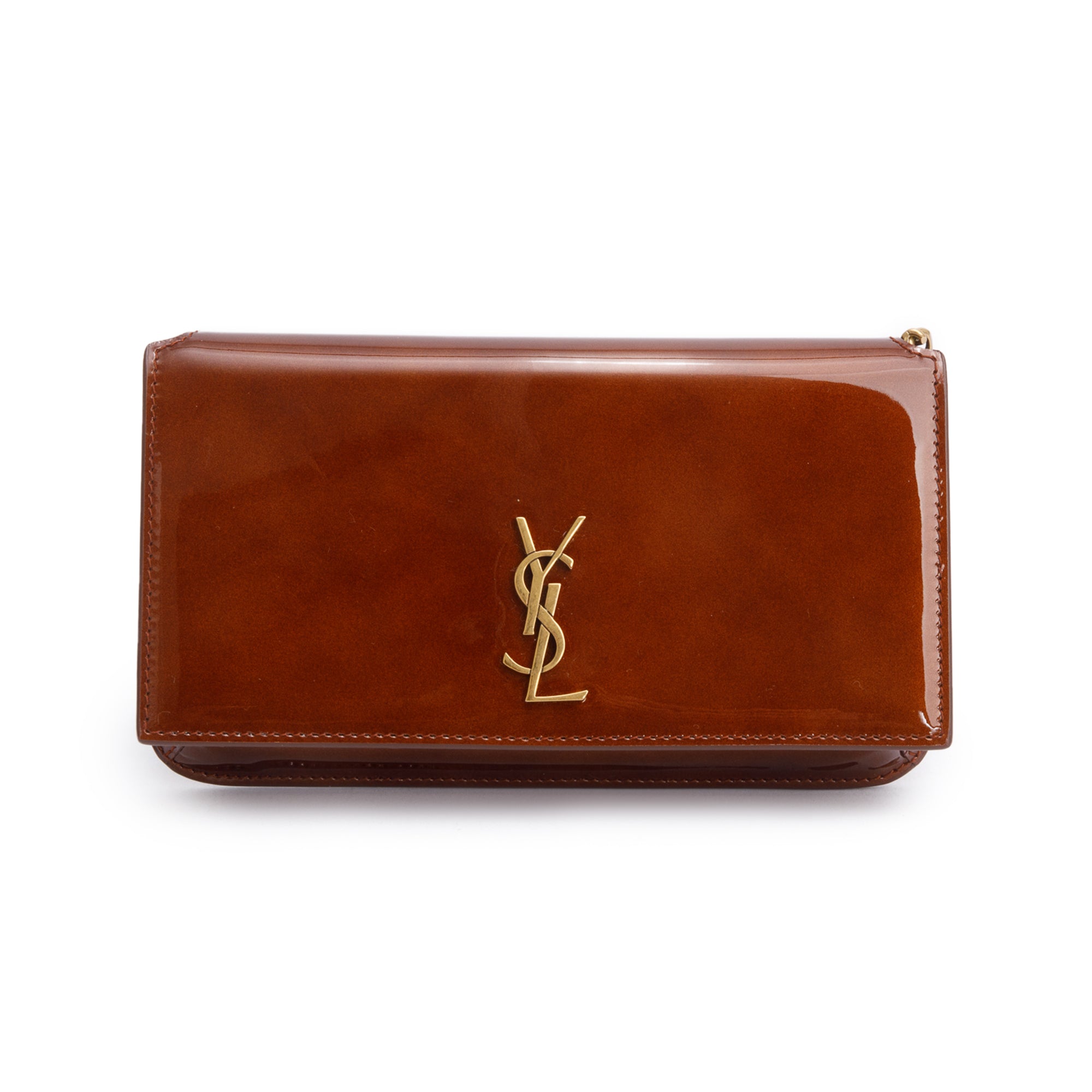 Saint Laurent 2024 Brown Patent Leather Cassandre Phone Holder w/ Box