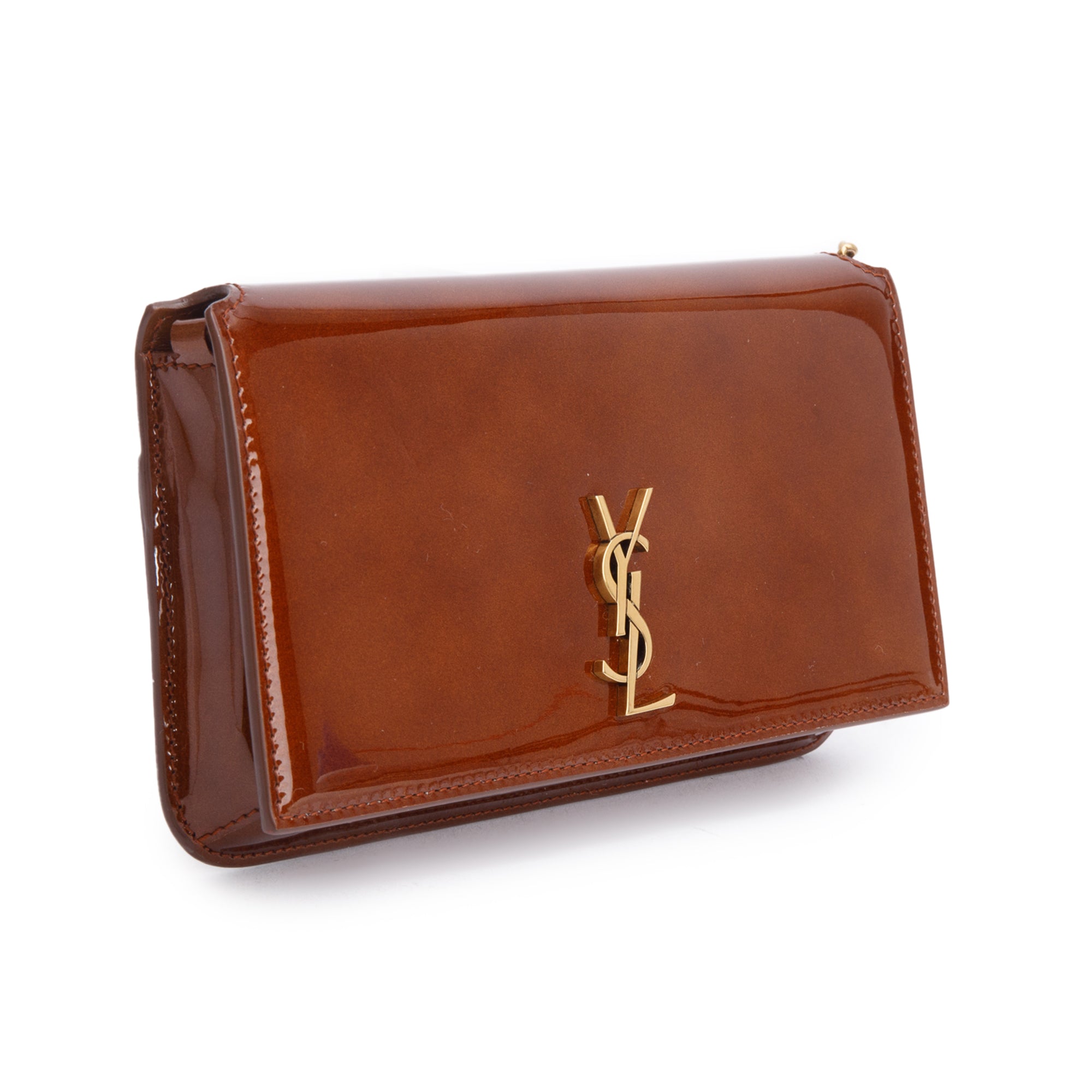 Saint Laurent 2024 Brown Patent Leather Cassandre Phone Holder w/ Box