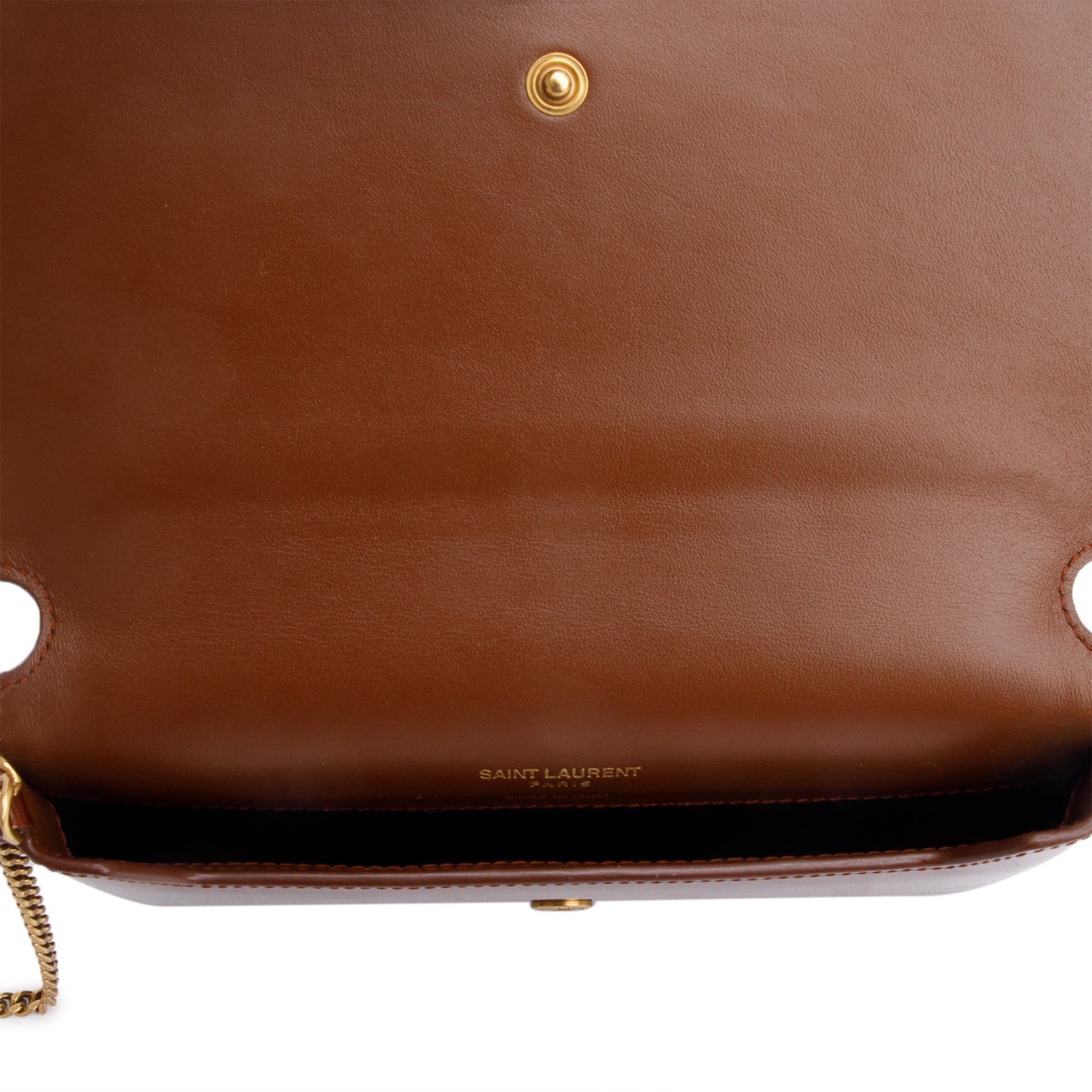 Saint Laurent 2024 Brown Patent Leather Cassandre Phone Holder w/ Box