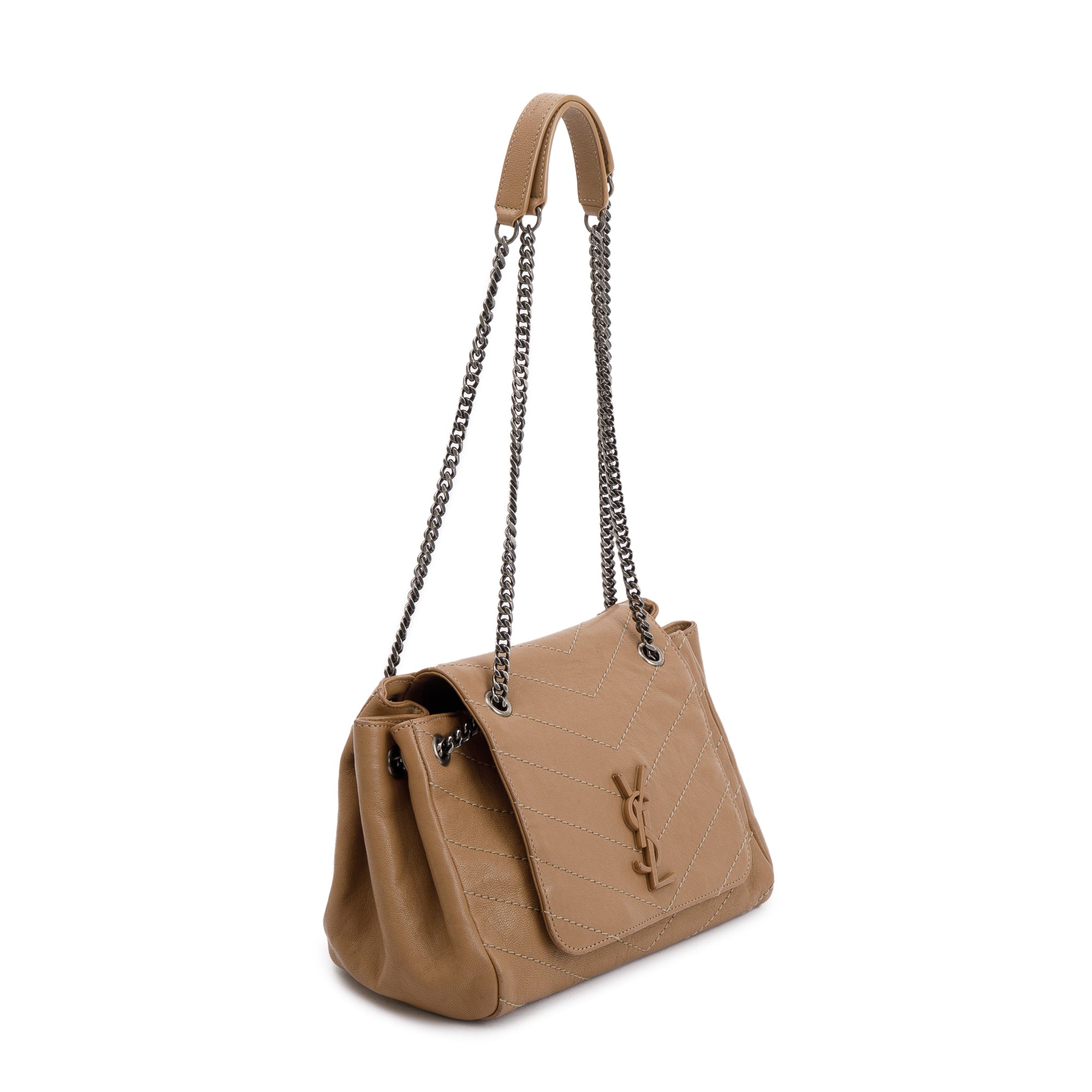 Saint Laurent Beige Calfskin Chevron Monogram Nolita Shoulder Bag