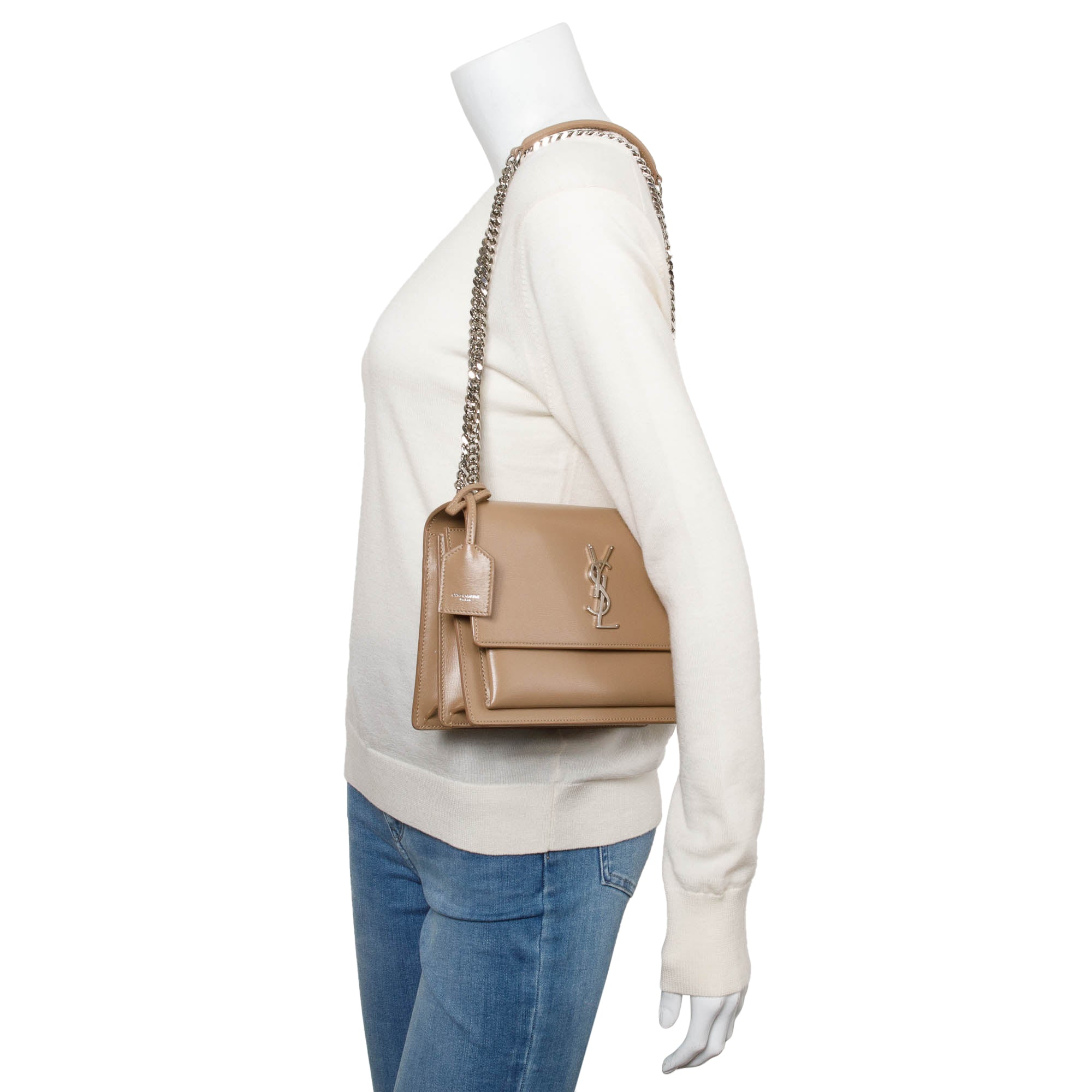 Saint Laurent Beige Calfskin Leather Medium Sunset Shoulder Bag w/ Box