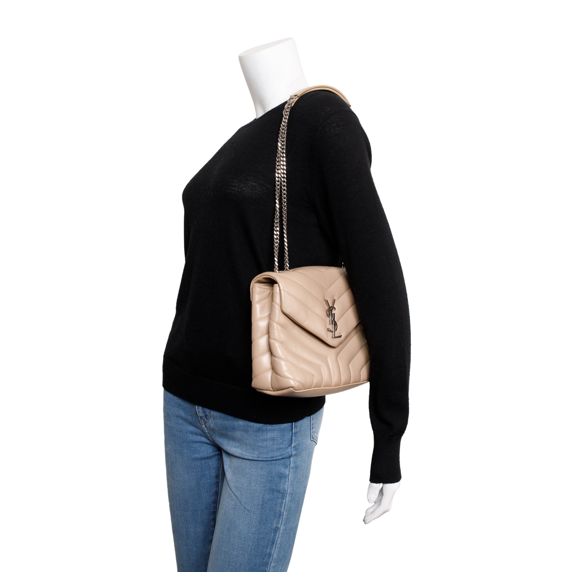 Saint Laurent Beige Calfskin Leather Small Loulou Chain Shoulder Bag