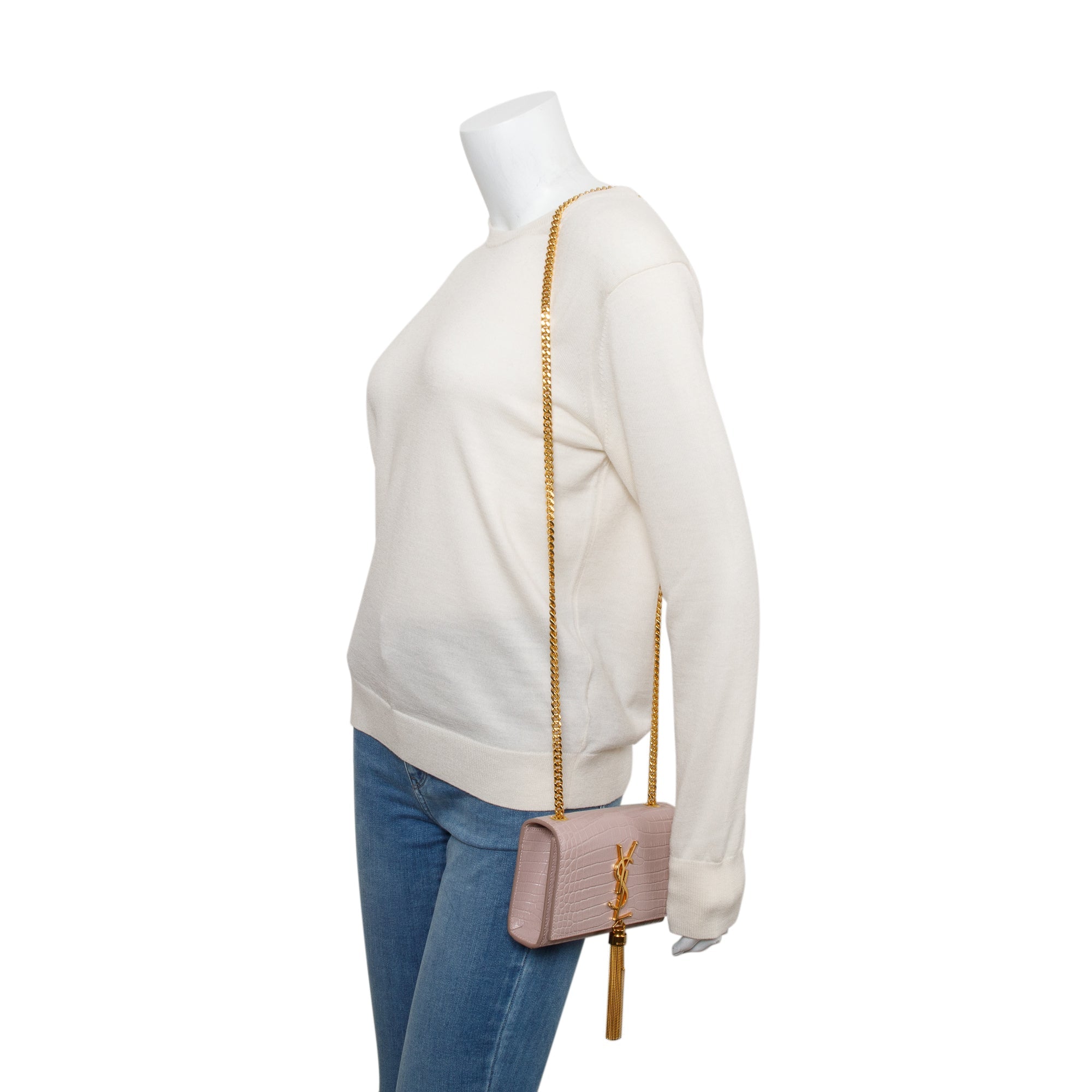 Saint Laurent Beige Croc-Embossed Leather Mini Kate Tassel Bag