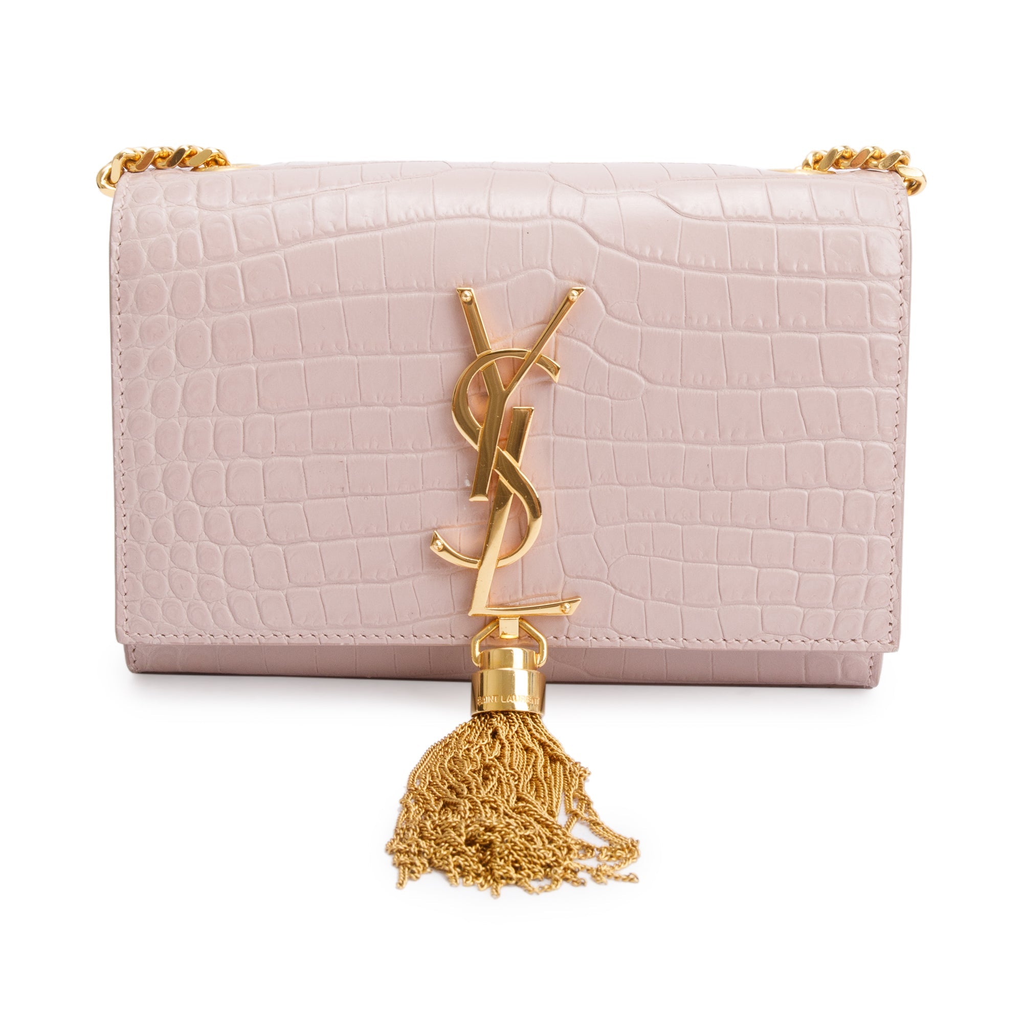 Saint Laurent Beige Croc-Embossed Leather Mini Kate Tassel Bag