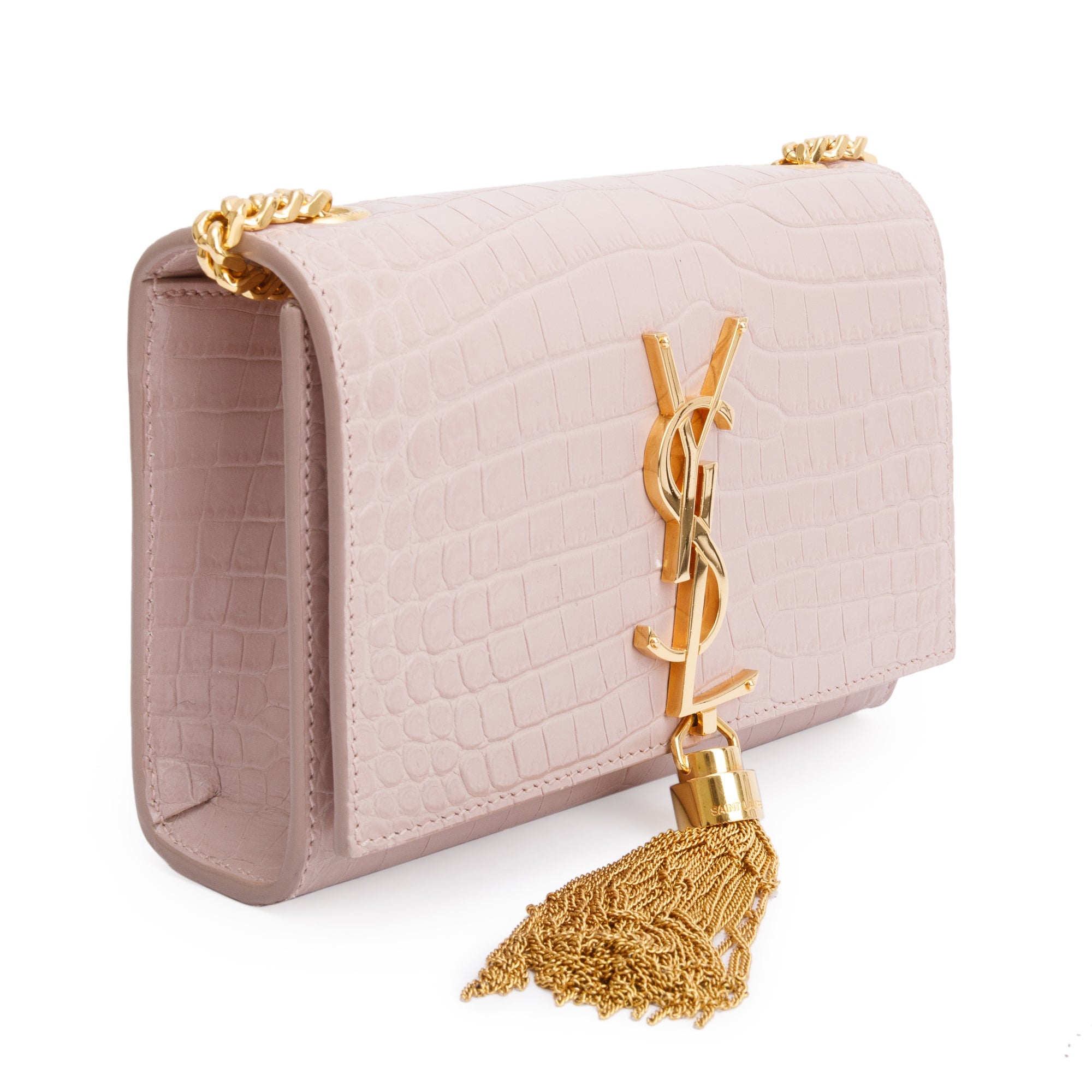 Saint Laurent Beige Croc-Embossed Leather Mini Kate Tassel Bag