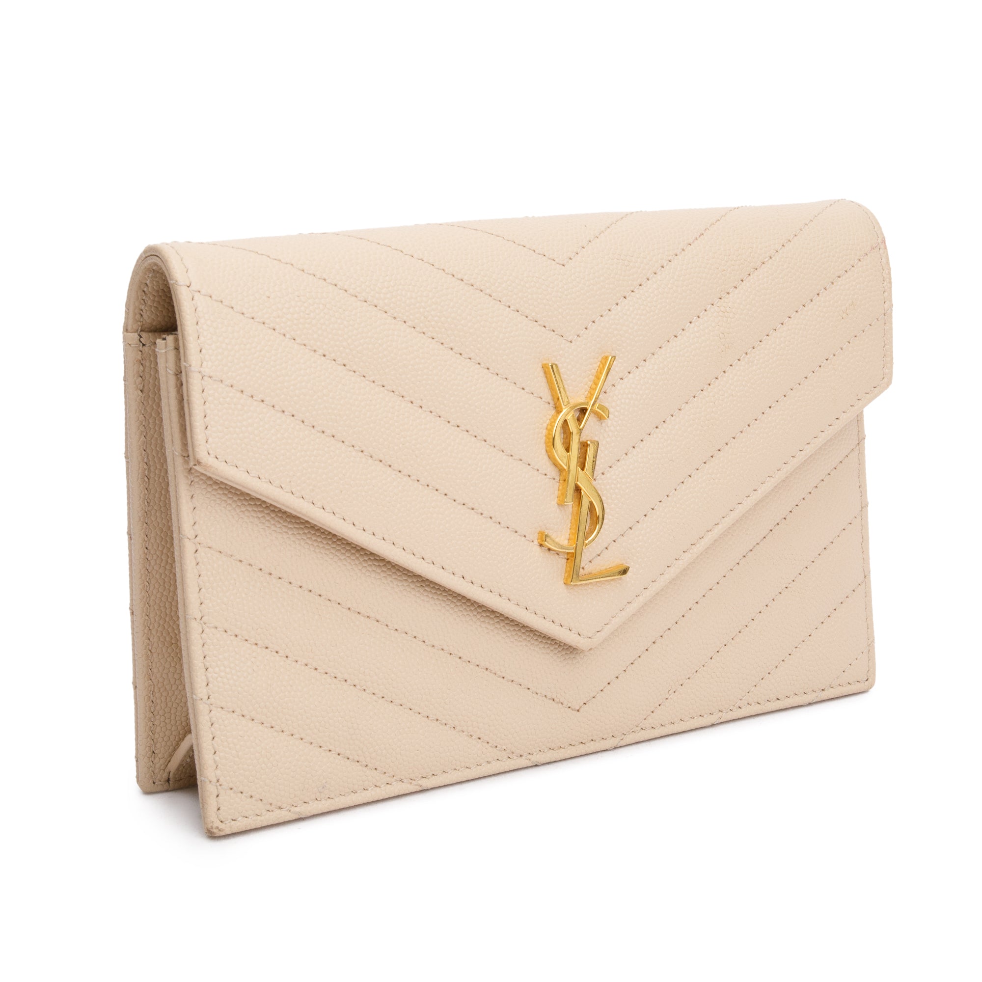 Saint Laurent Beige Grain De Poudre Leather Cassandre Envelope Chain Wallet