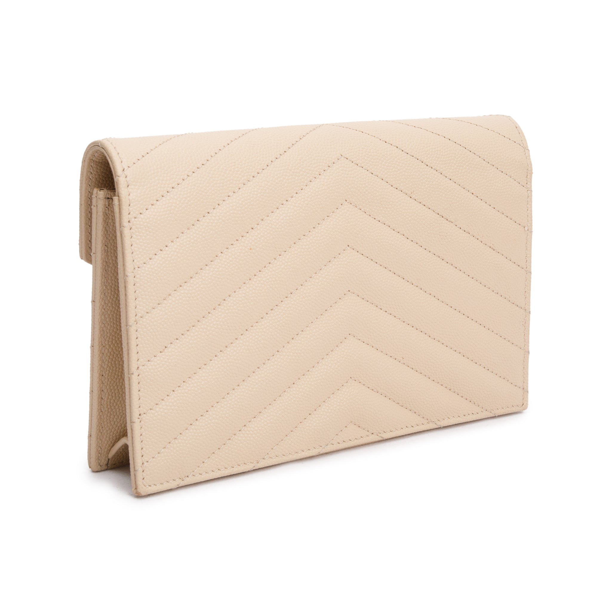 Saint Laurent Beige Grain De Poudre Leather Cassandre Envelope Chain Wallet