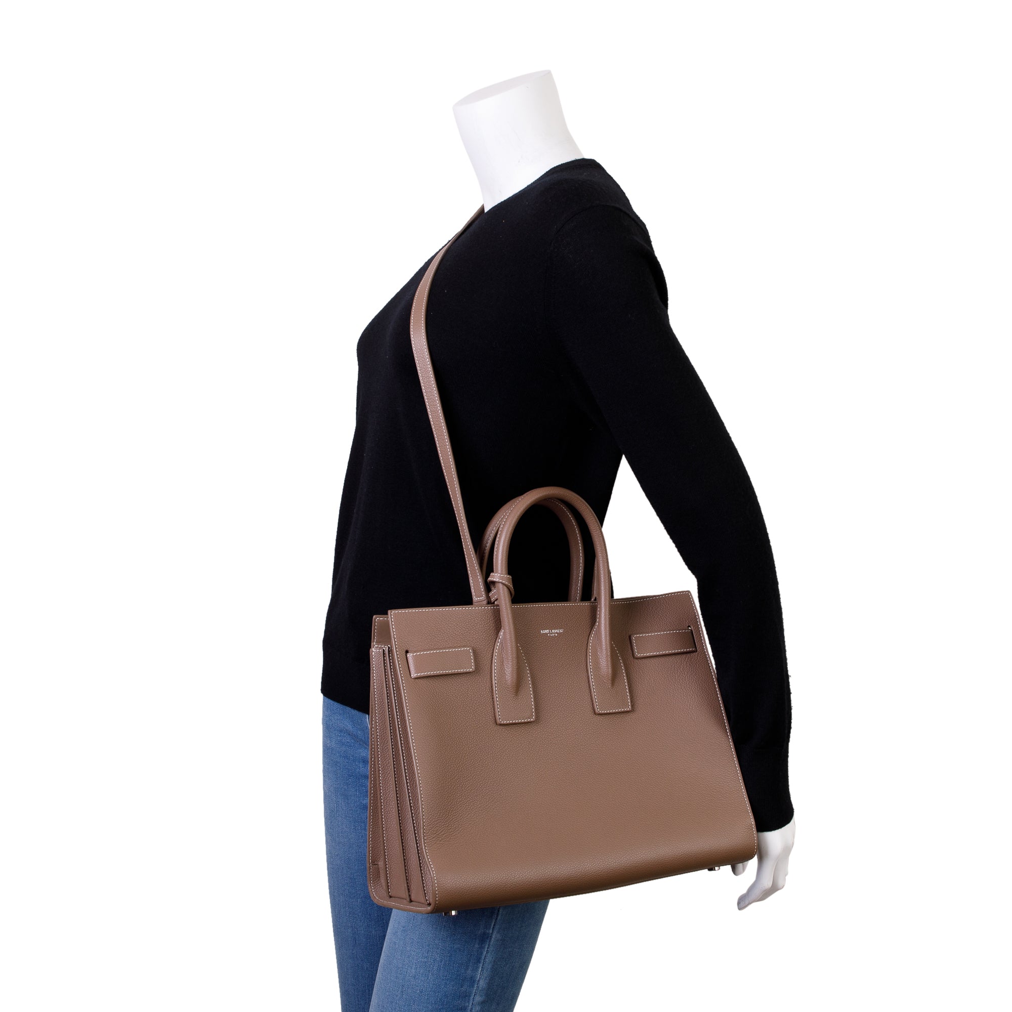 Saint Laurent Beige Grained Leather Small Sac De Jour w/ Strap & Pouch