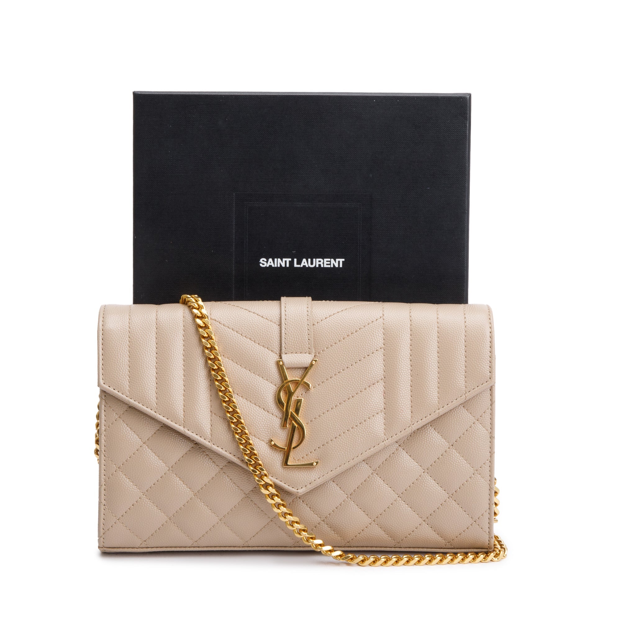 Saint Laurent Beige Mix Matelasse Grain De Poudre Leather Envelope Chain Wallet w/ Box