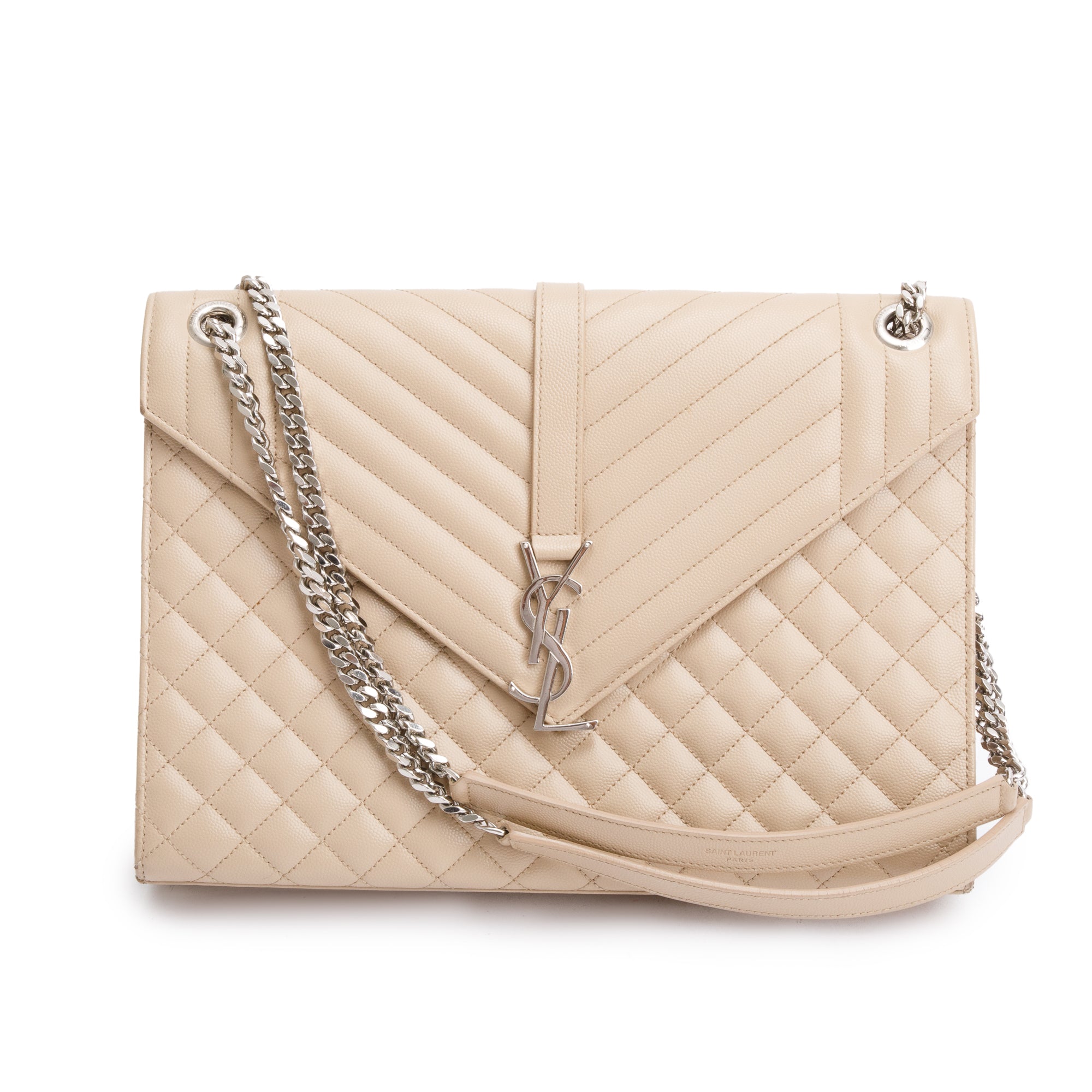 Saint Laurent Beige Quilted Grain De Poudre Leather Large Envelope Chain Bag