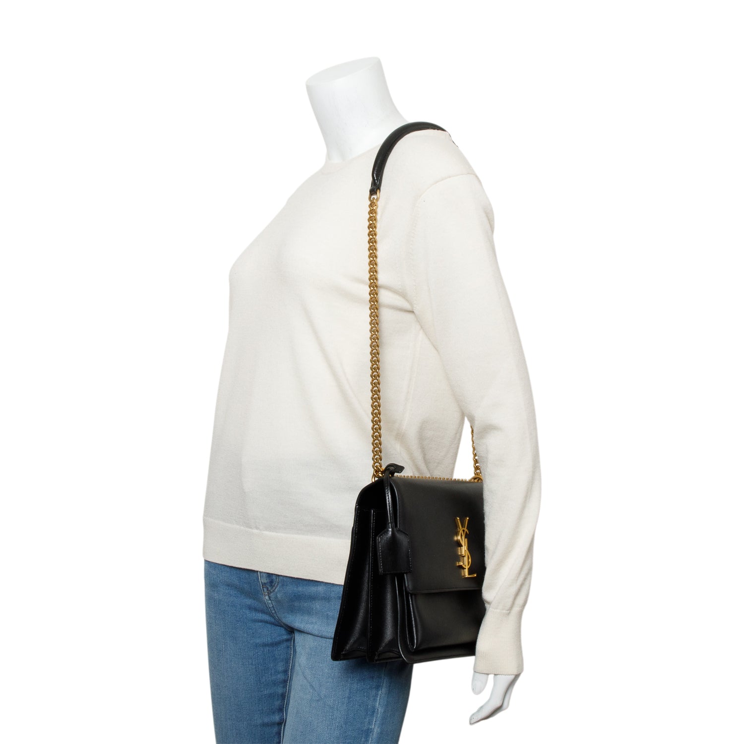 Saint Laurent Black Calfskin Leather Large Sunset Shoulder Bag w/ Box