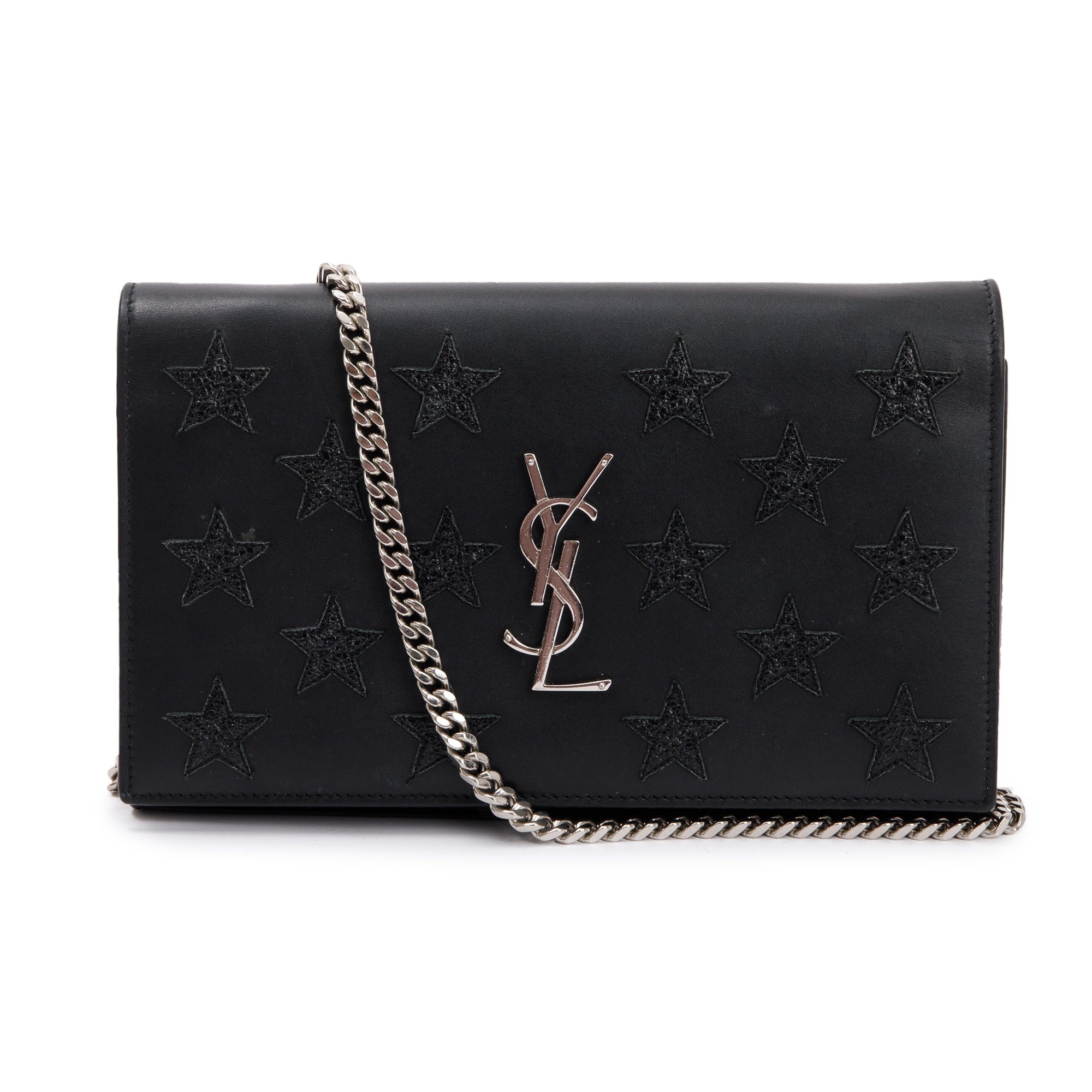 Saint Laurent Black Calfskin Leather Monogram Star Kate Chain Wallet