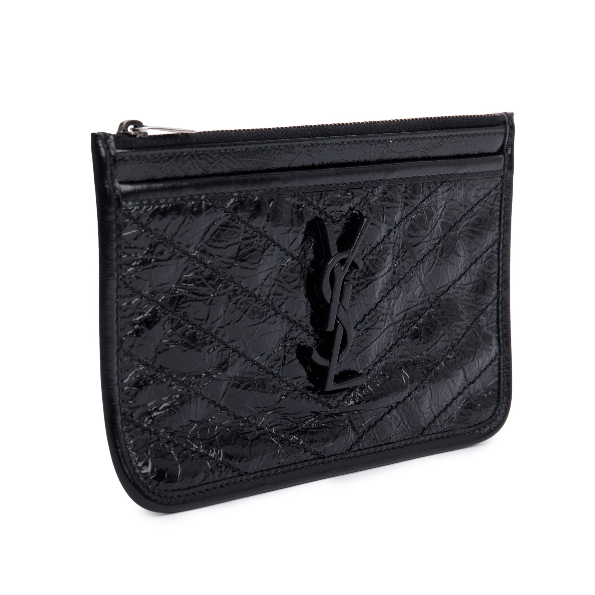Saint Laurent Black Crinkled Calfskin Matelasse Leather Monogram Niki Bill Pouch w/ Box