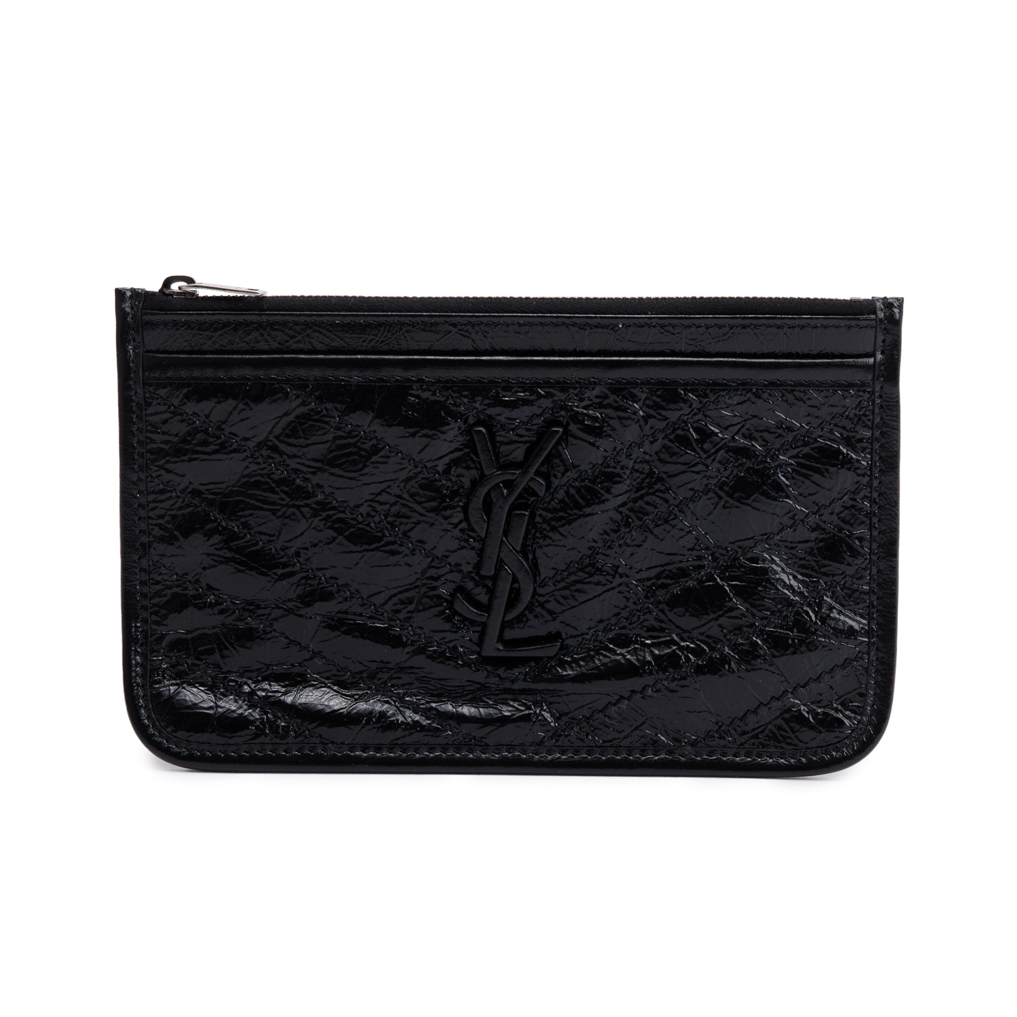 Saint Laurent Black Crinkled Calfskin Matelasse Leather Monogram Niki Bill Pouch w/ Box