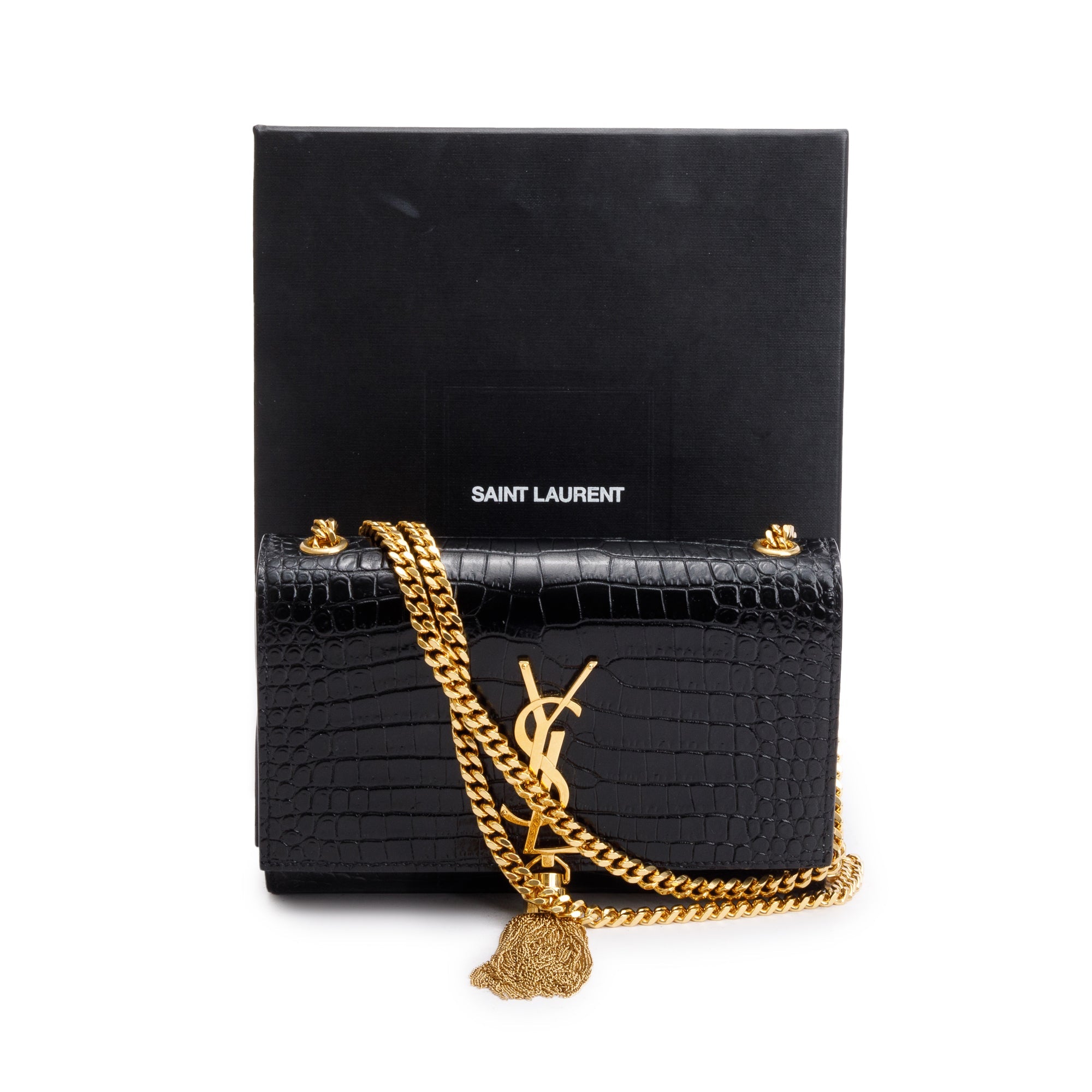 Saint Laurent Black Croc-Embossed Leather Small Kate Tassel Bag w/ Box