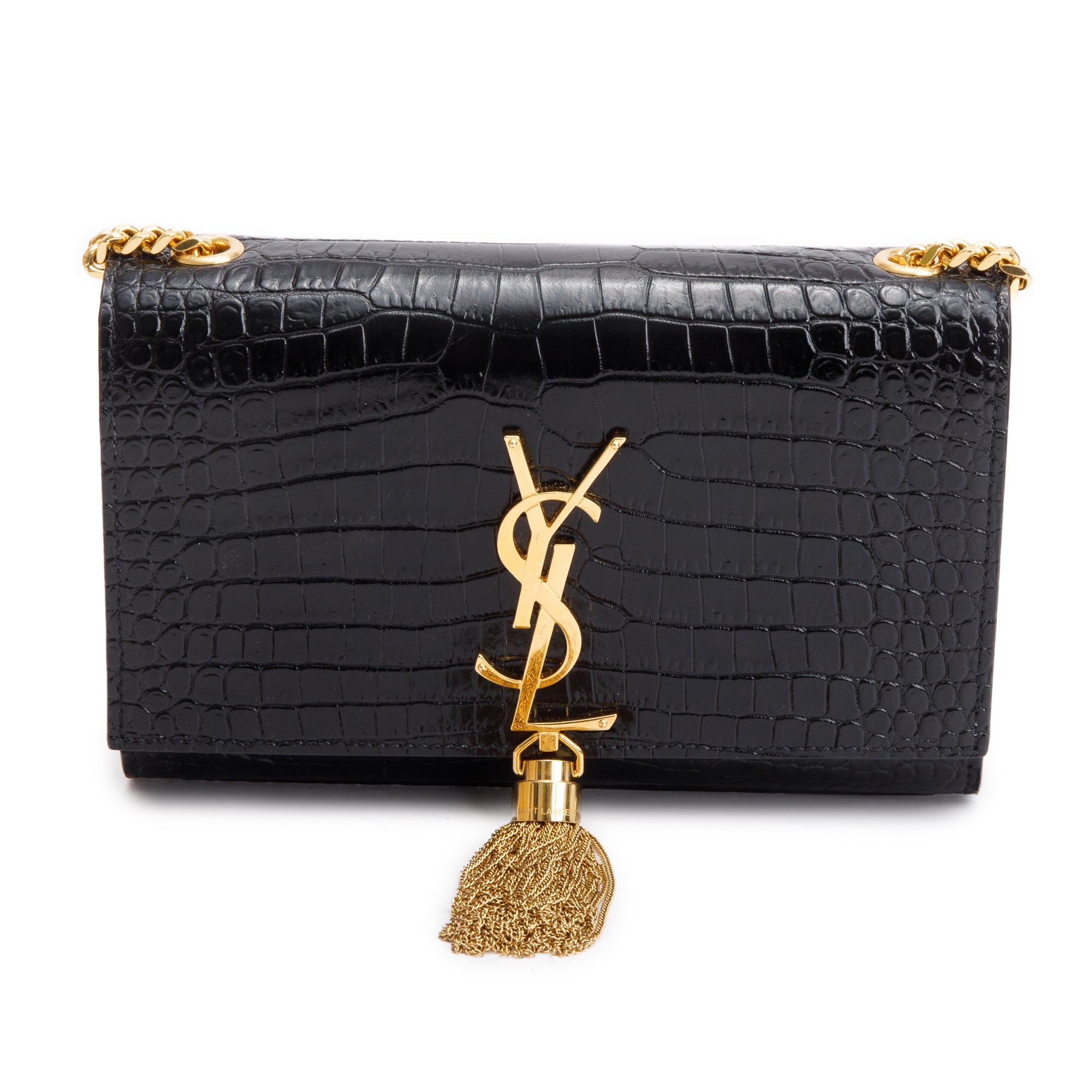 Saint Laurent Black Croc-Embossed Leather Small Kate Tassel Bag w/ Box