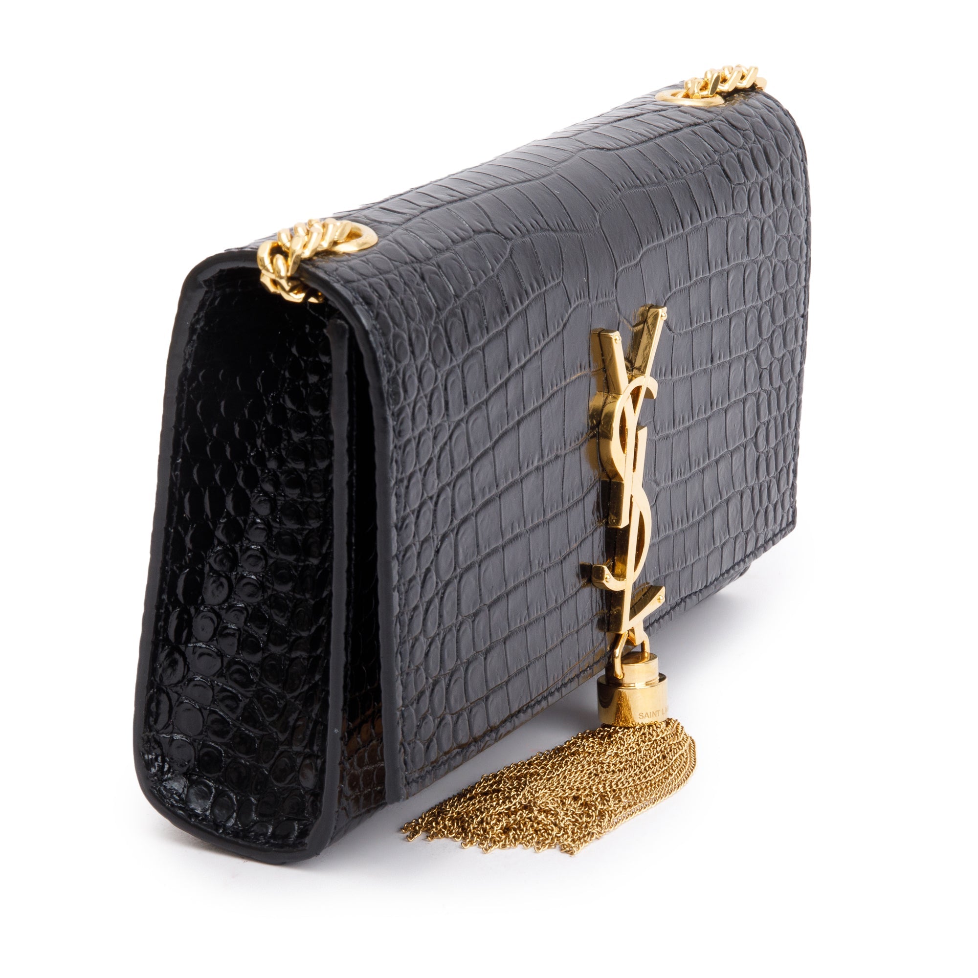 Saint Laurent Black Croc-Embossed Leather Small Kate Tassel Bag w/ Box