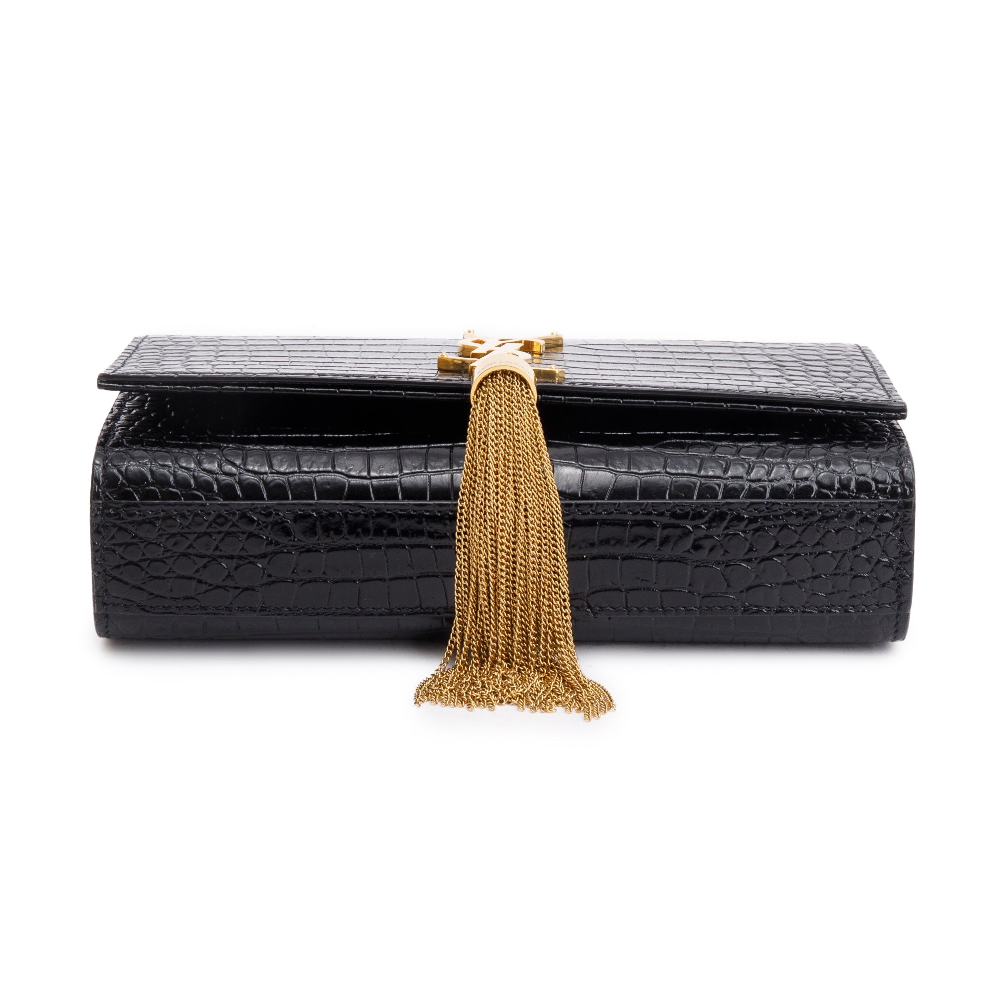 Saint Laurent Black Croc-Embossed Leather Small Kate Tassel Bag w/ Box