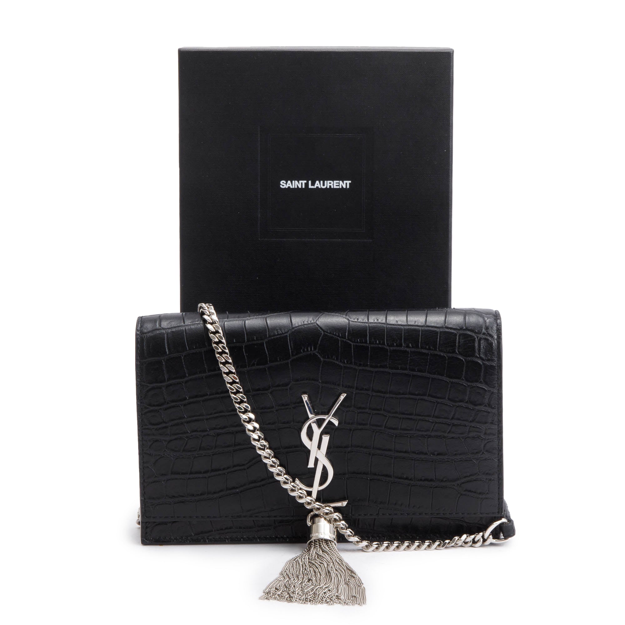 Saint Laurent Black Croc-Embossed Leather Small Kate Tassel Bag w/ Box & Reciept