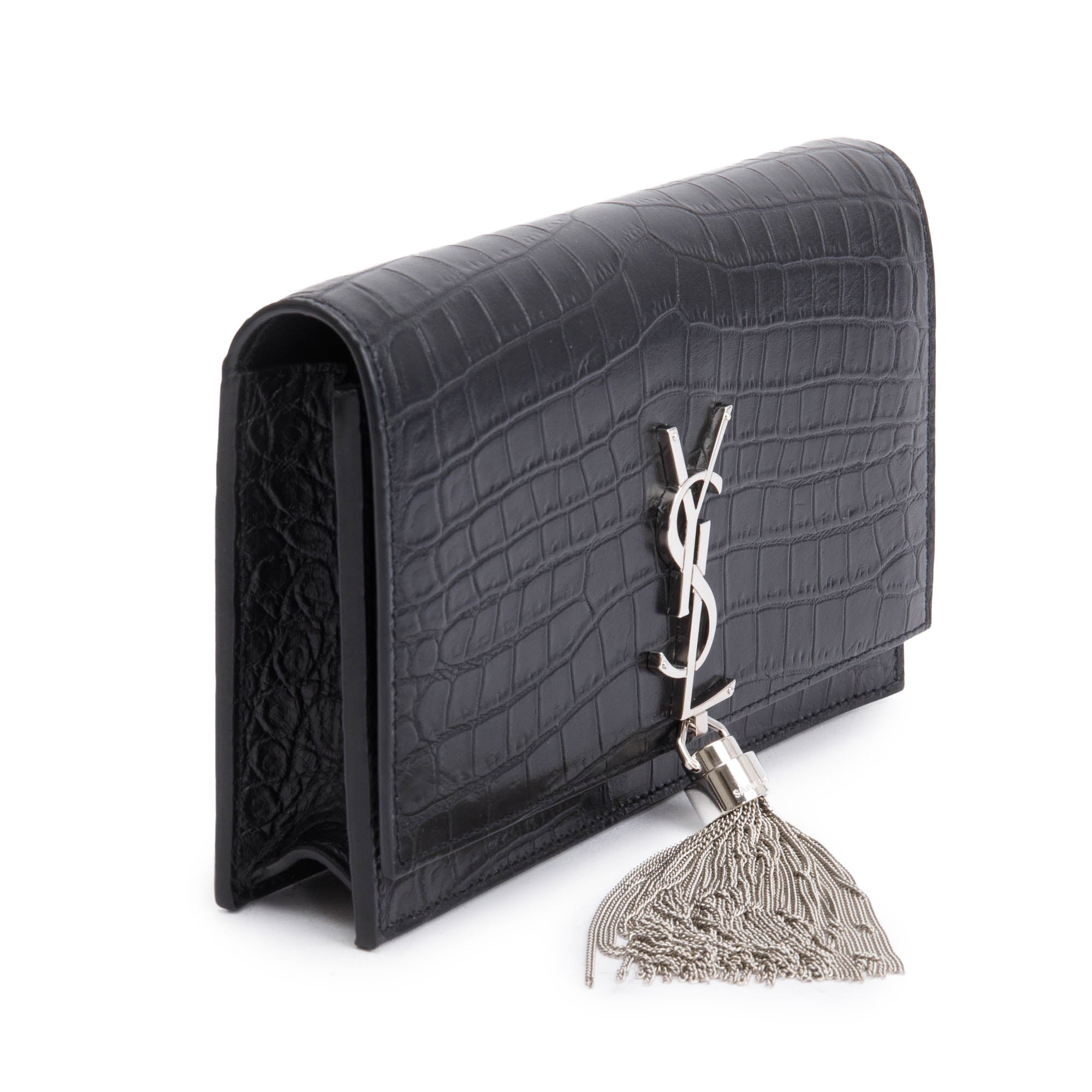 Saint Laurent Black Croc-Embossed Leather Small Kate Tassel Bag w/ Box & Reciept