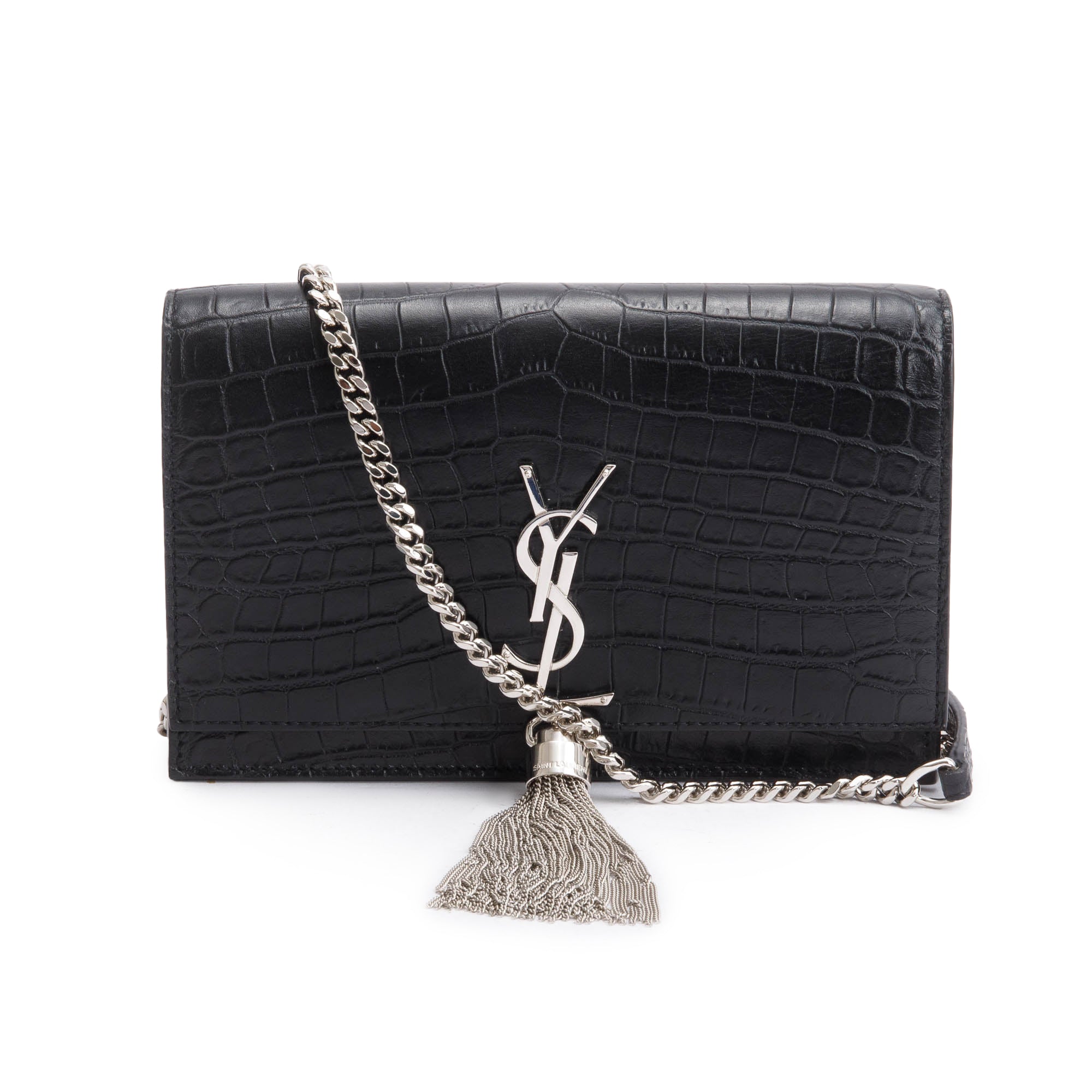 Saint Laurent Black Croc-Embossed Leather Small Kate Tassel Bag w/ Box & Reciept