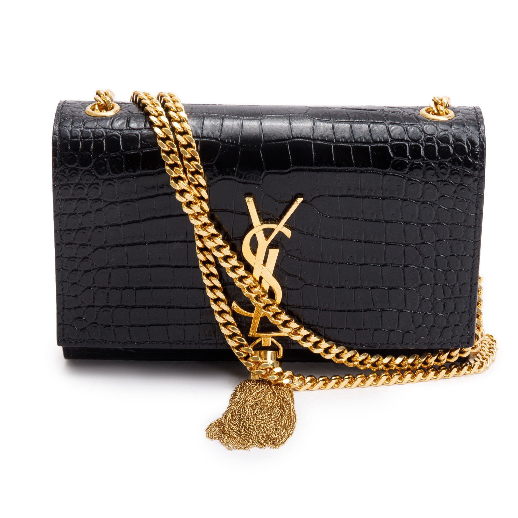 Saint Laurent Black Croc-Embossed Leather Small Kate Tassel Bag w/ Box