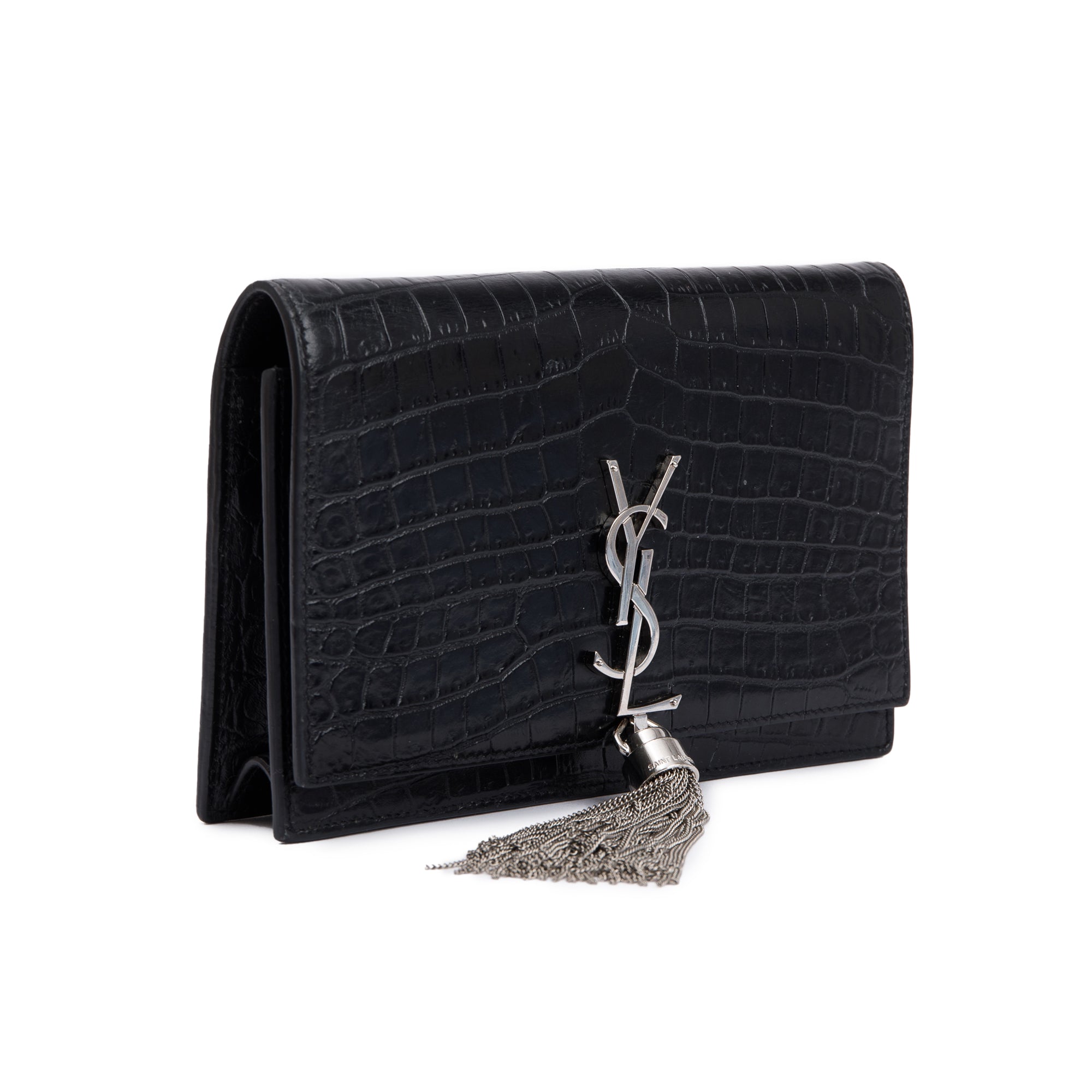 Saint Laurent Black Croc-Embossed Leather Small Kate Tassel Chain Bag