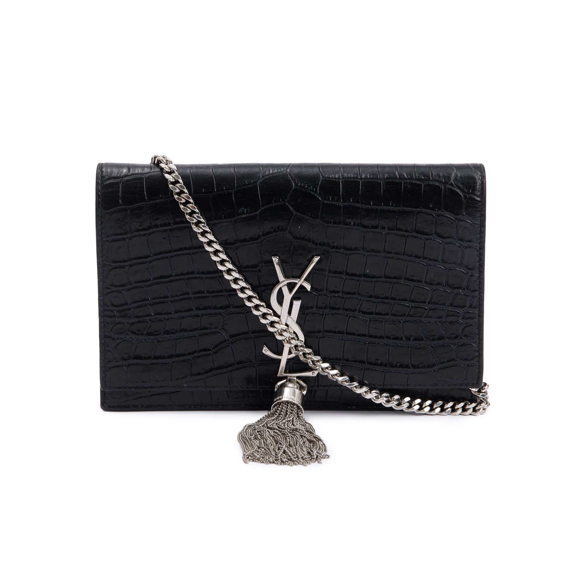 Saint Laurent Black Croc-Embossed Leather Small Kate Tassel Chain Bag