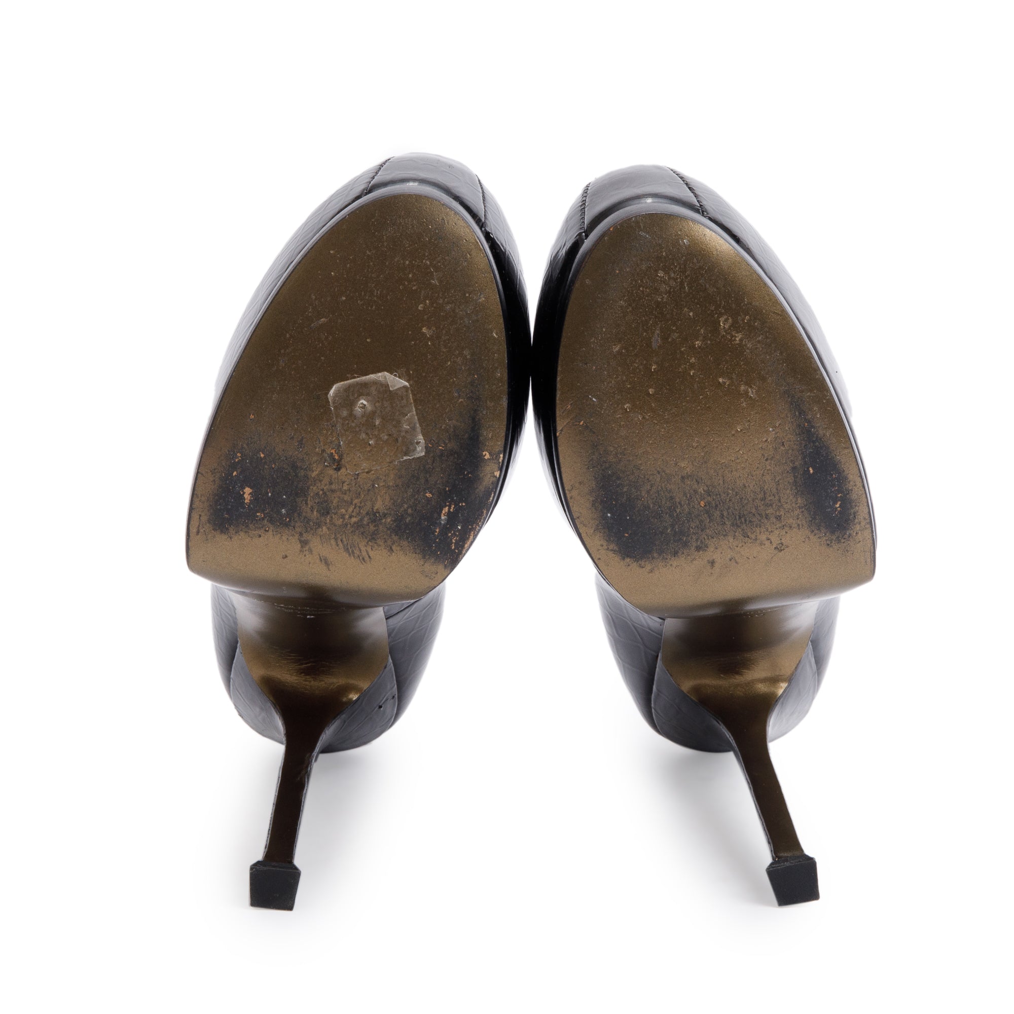 Saint Laurent Black Croc-Embossed Patent Leather Tribtoo 105 Platform Pumps, Size 40