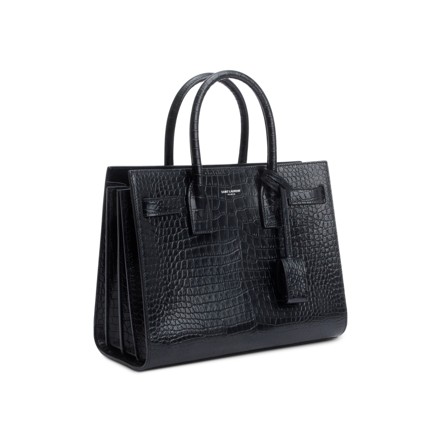 Saint Laurent Black Crocodile Embossed Leather Baby Sac De Jour w/ Strap & Pouch