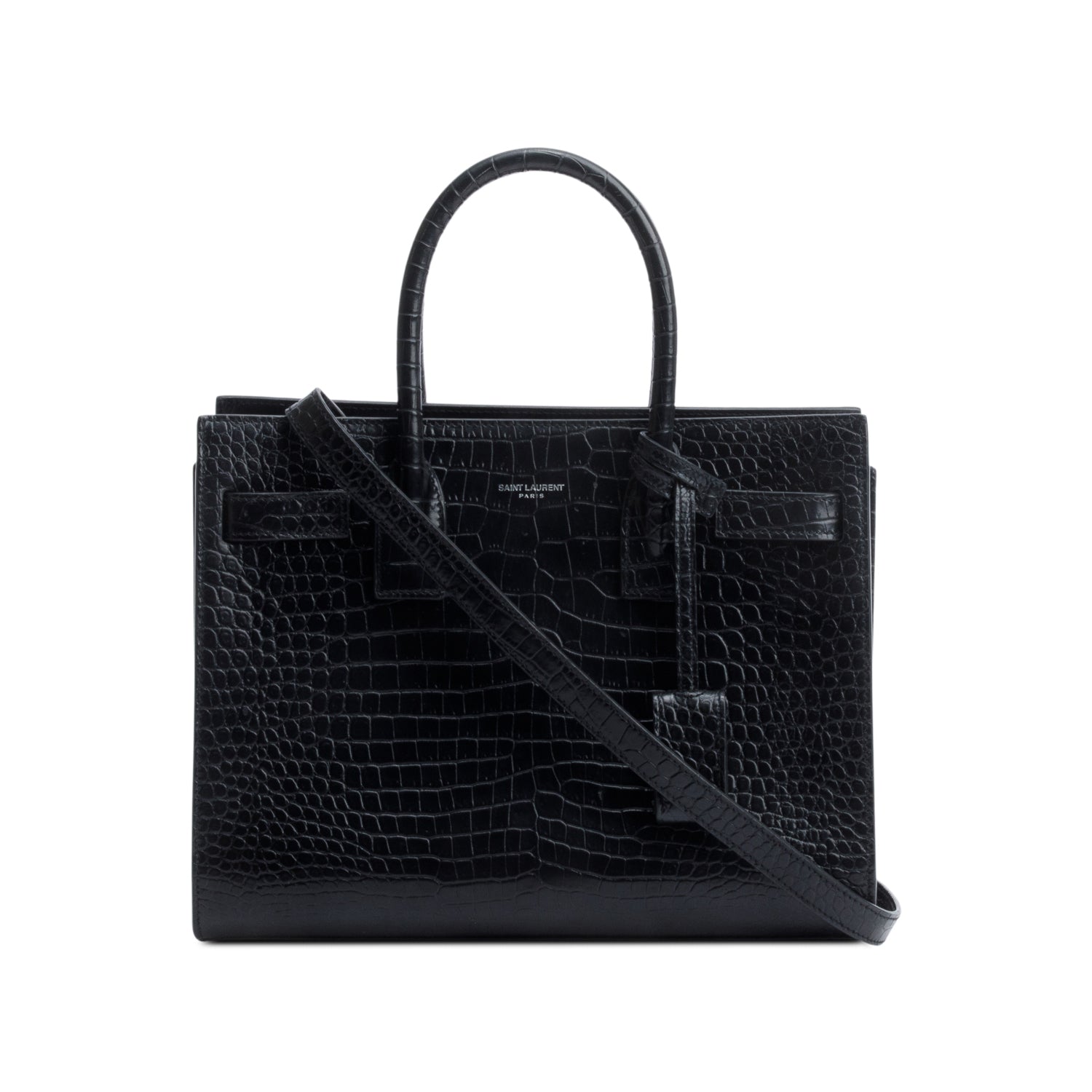 Saint Laurent Black Crocodile Embossed Leather Baby Sac De Jour w/ Strap & Pouch
