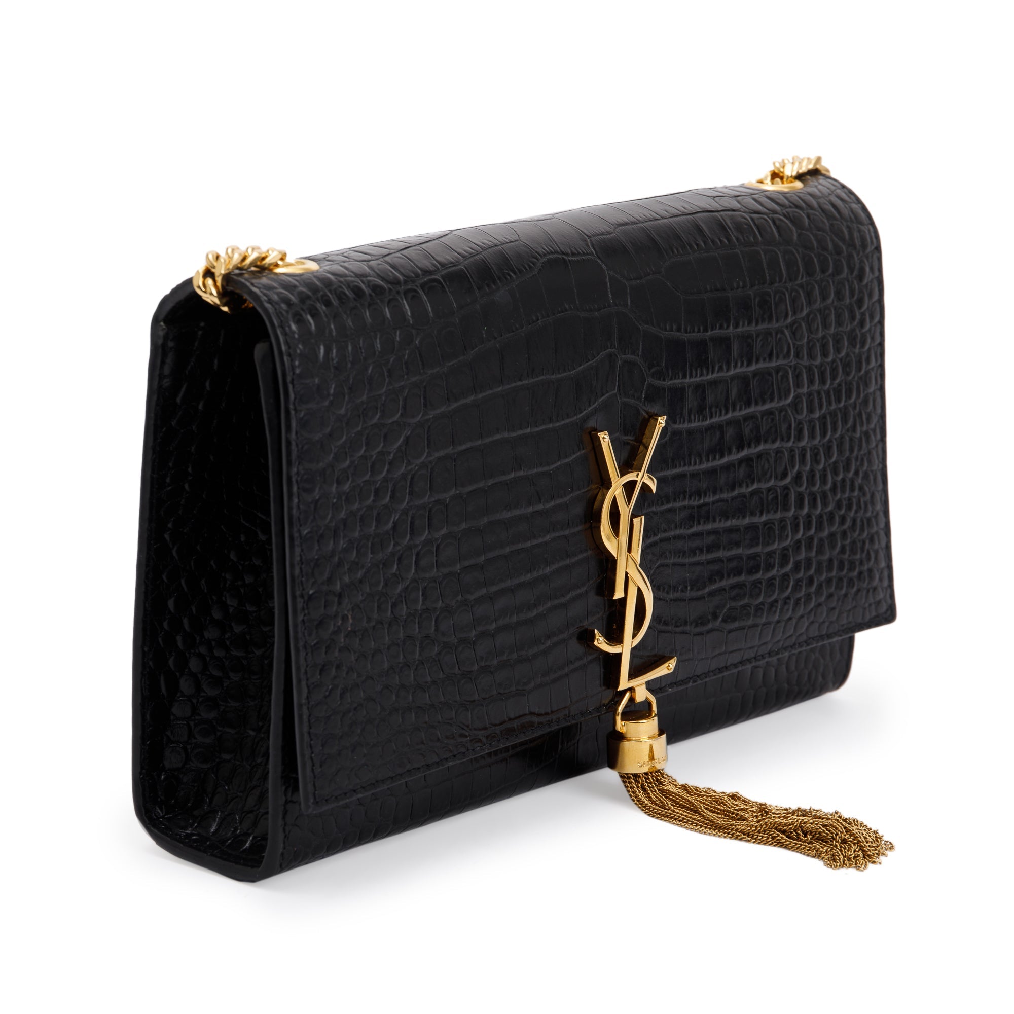 Saint Laurent Black Crocodile-Embossed Leather Medium Classic Monogram Kate Tassel Chain Bag