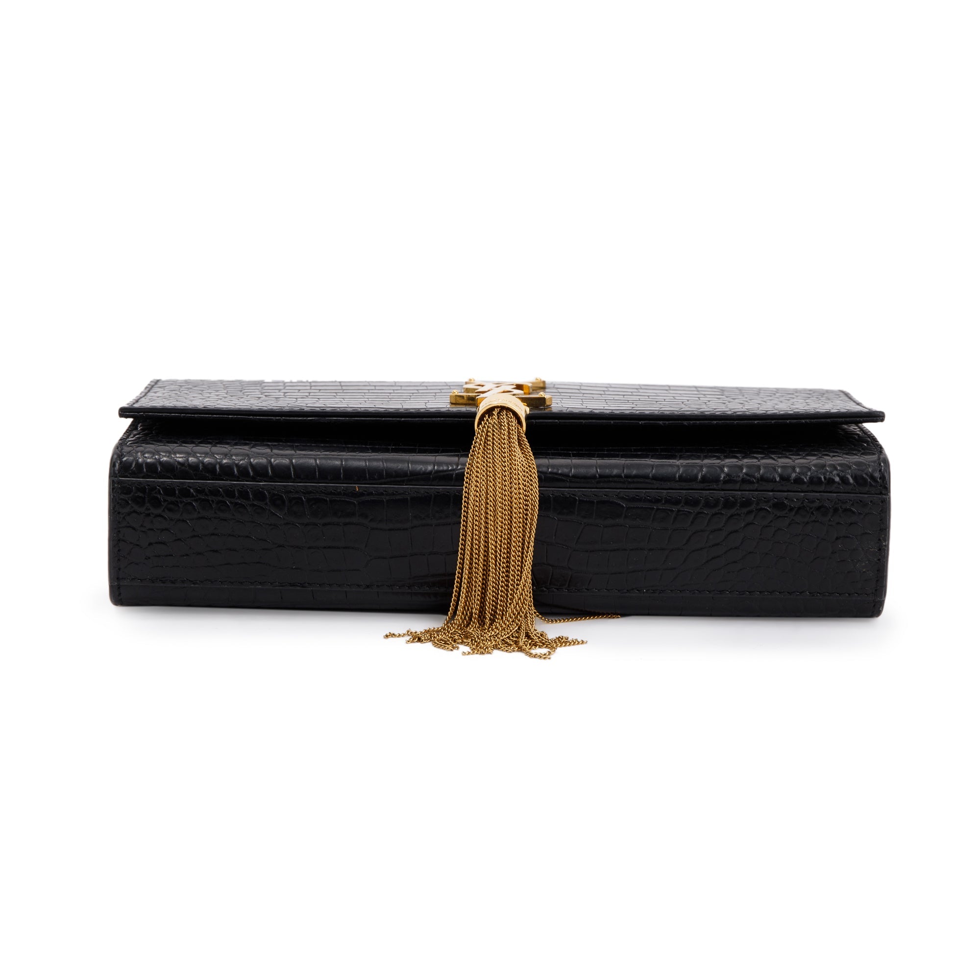 Saint Laurent Black Crocodile-Embossed Leather Medium Classic Monogram Kate Tassel Chain Bag