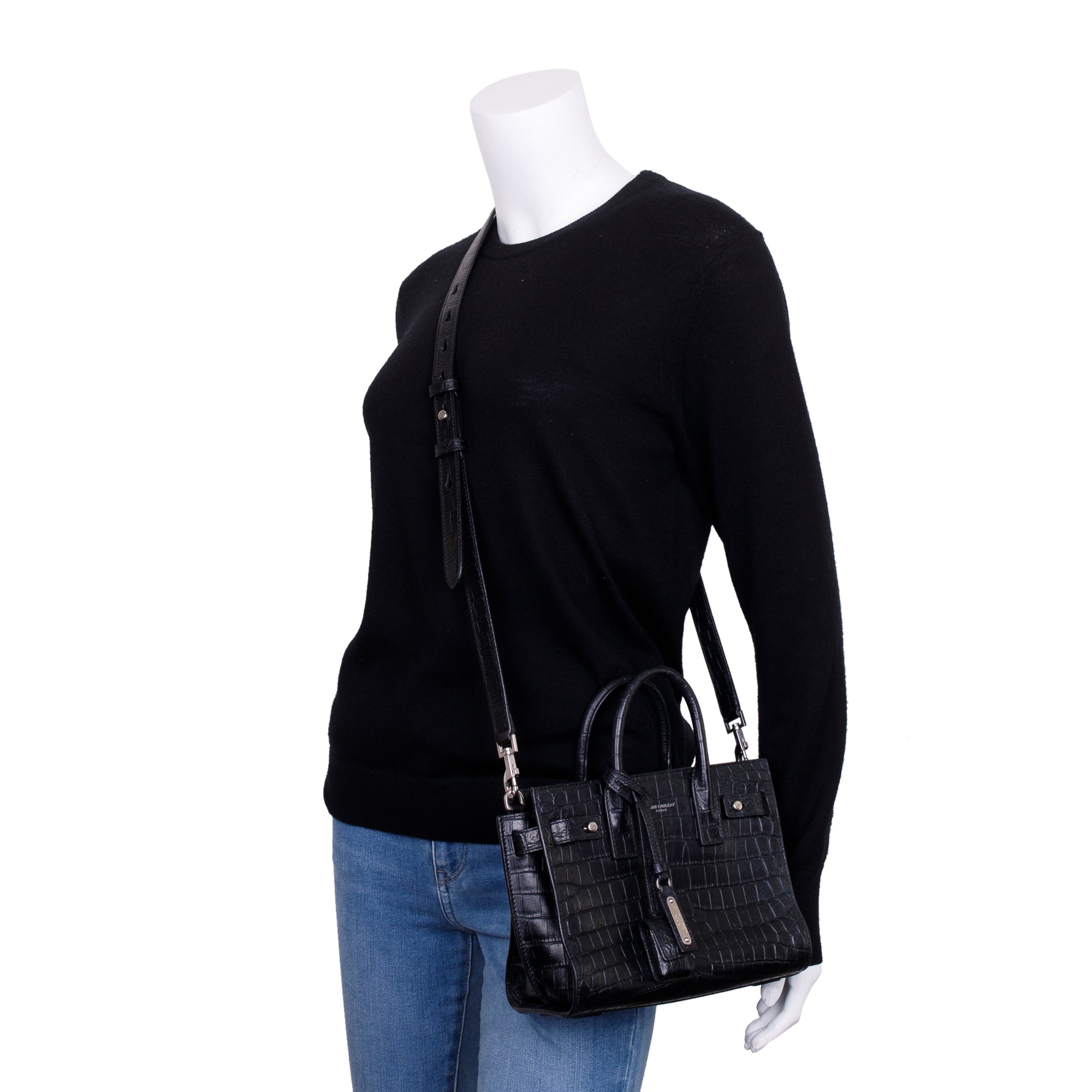 Saint Laurent Black Crocodile Embossed Leather Nano Sac De Jour w/ Strap