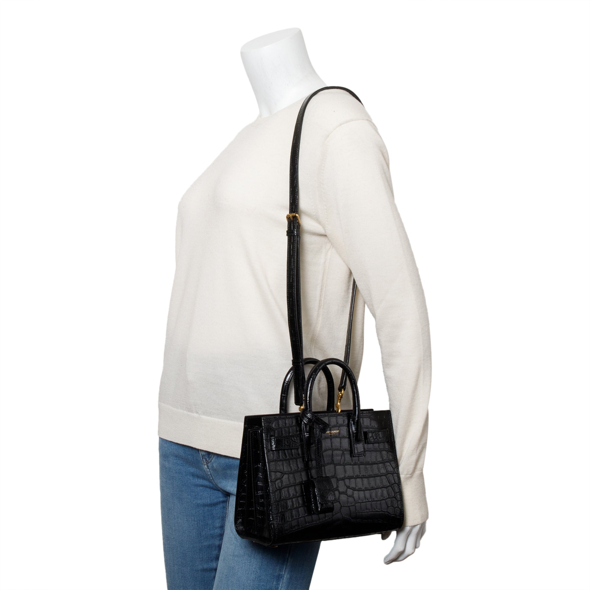 Saint Laurent Black Crocodile Embossed Leather Nano Sac De Jour w/ Strap