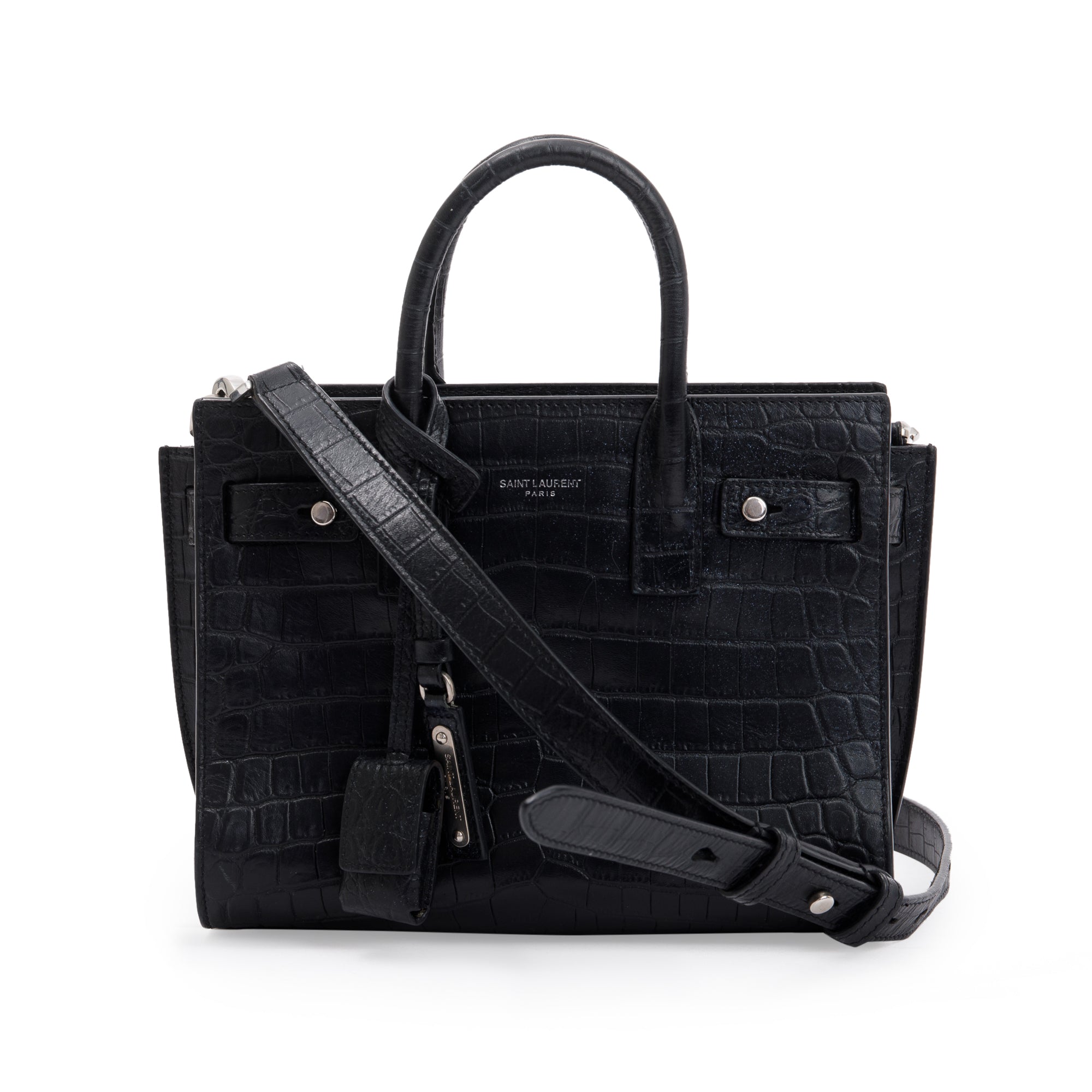 Saint Laurent Black Crocodile Embossed Leather Nano Sac De Jour w/ Strap