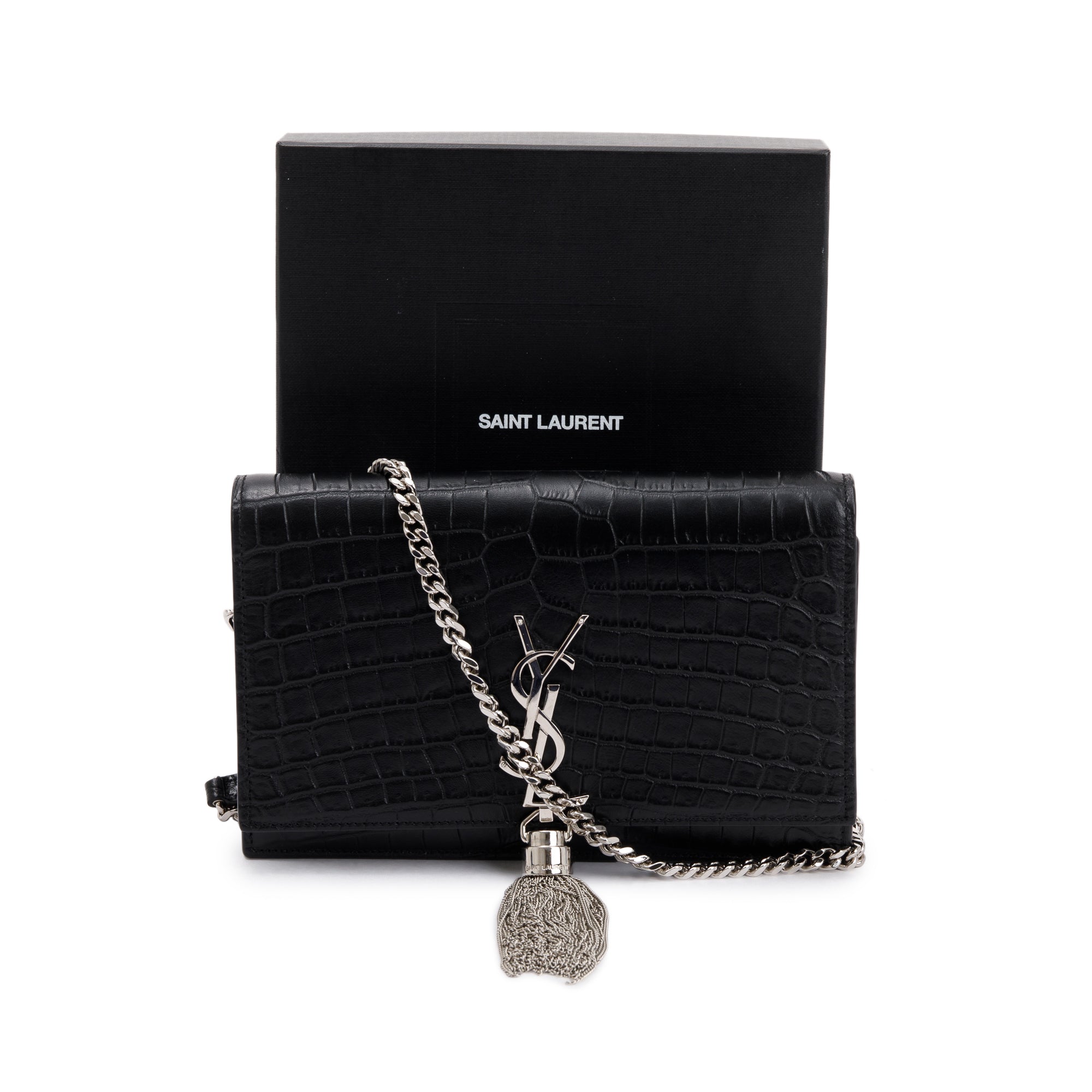 Saint Laurent Black Crocodile-Embossed Leather Small Classic Monogram Kate Tassel Chain Bag w/ Box
