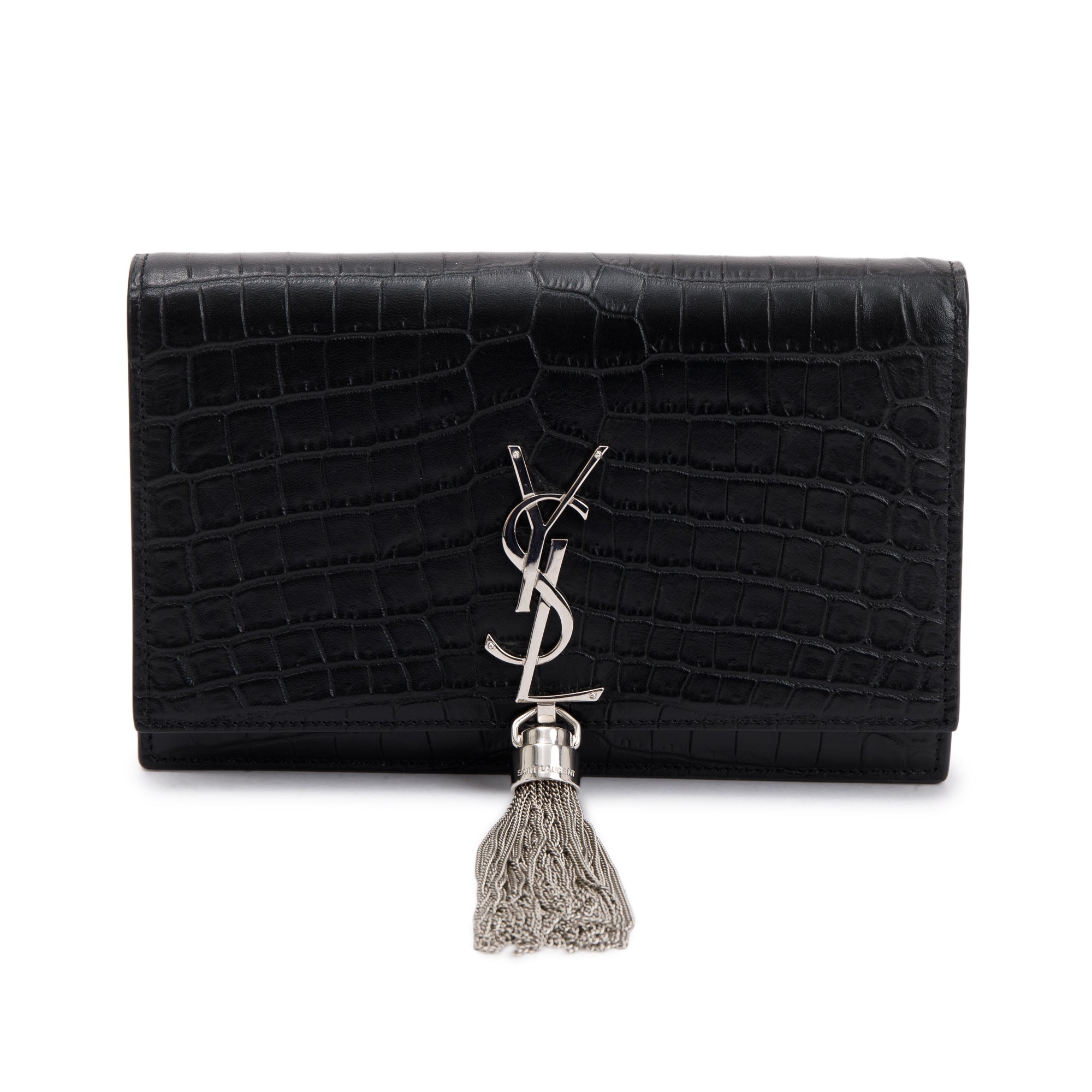 Saint Laurent Black Crocodile-Embossed Leather Small Classic Monogram Kate Tassel Chain Bag w/ Box