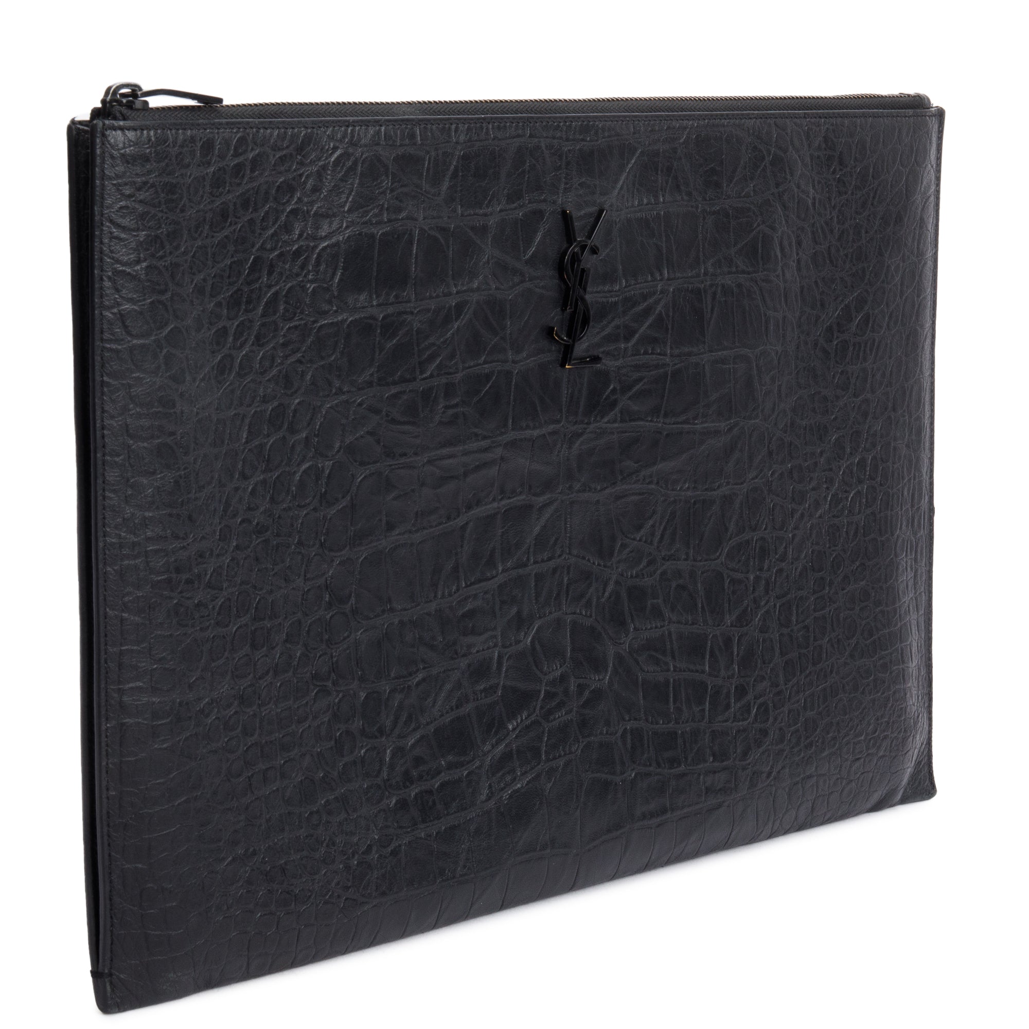 Saint Laurent Black Crocodile Embossed Monogram Document Holder w/ Box