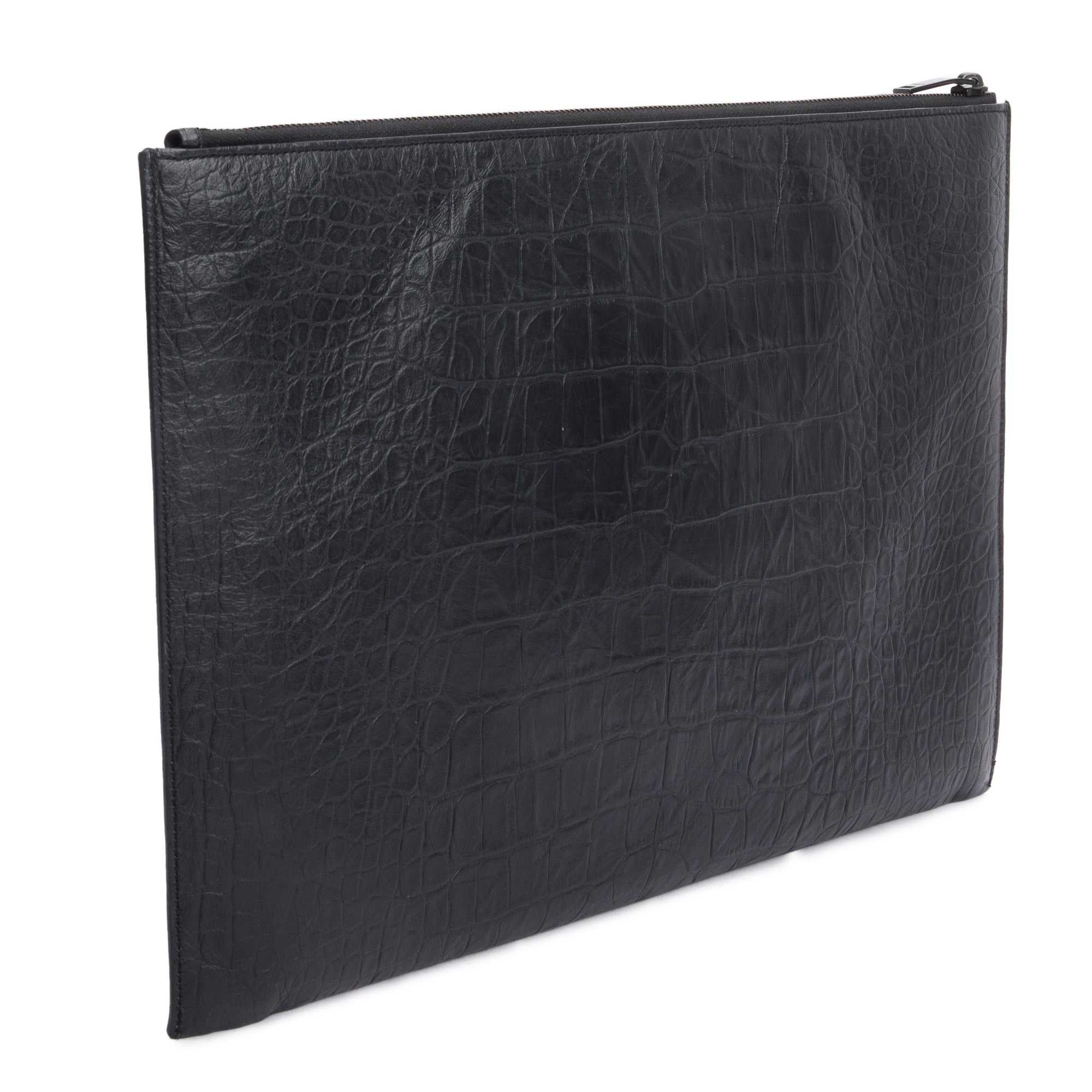 Saint Laurent Black Crocodile Embossed Monogram Document Holder w/ Box