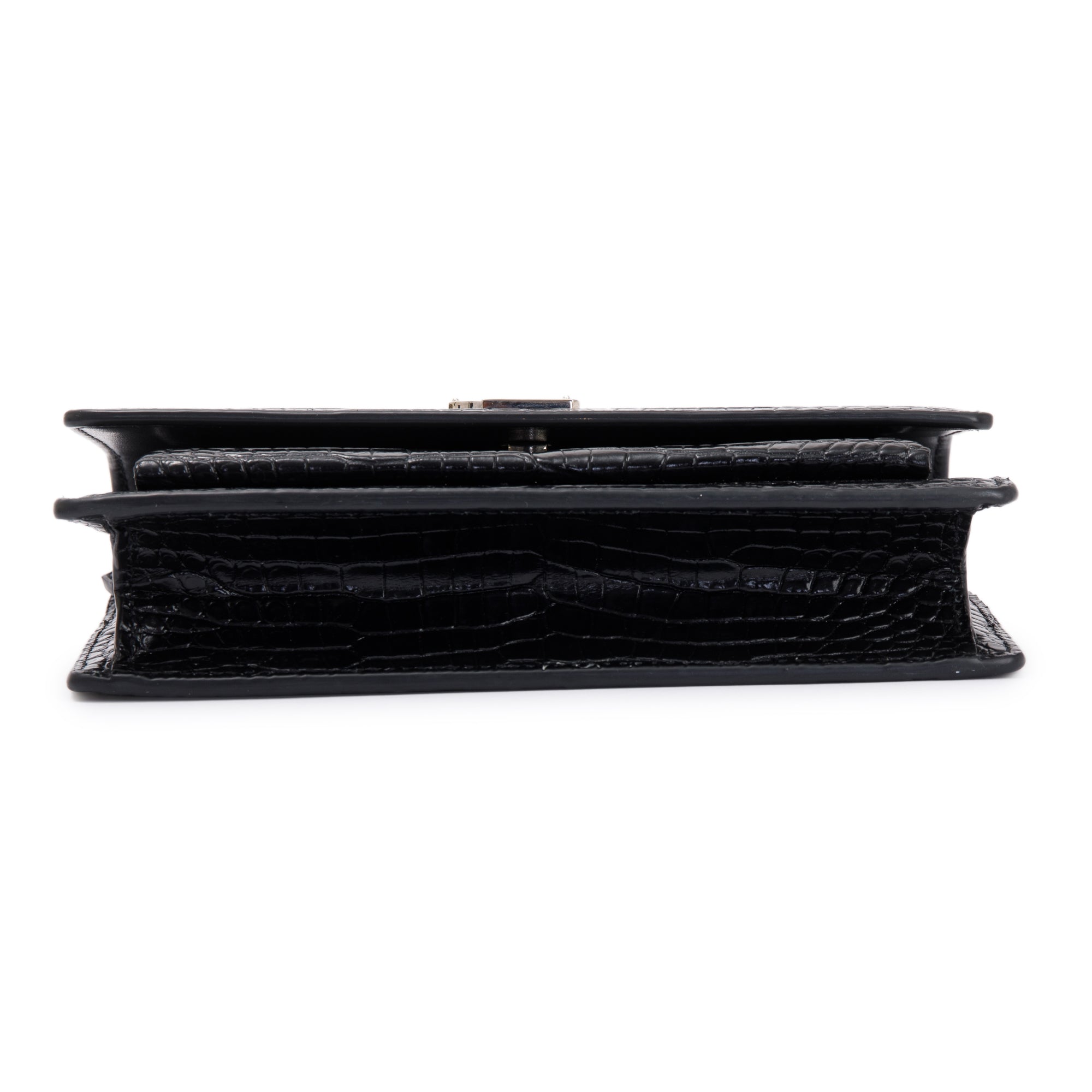 Saint Laurent Black Crocodile Embossed Small Sunset Chain Wallet w/ Strap
