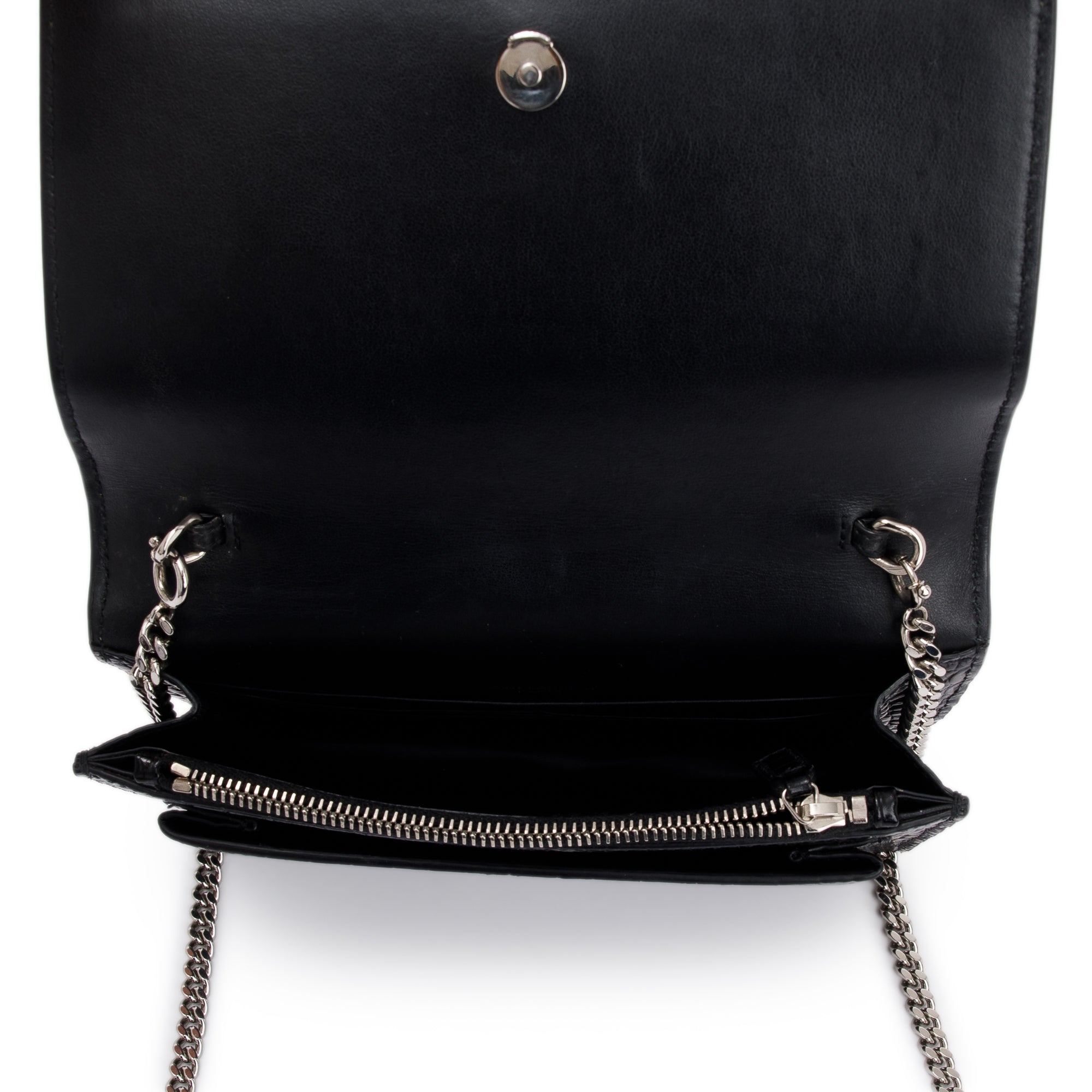 Saint Laurent Black Crocodile Embossed Small Sunset Chain Wallet w/ Strap