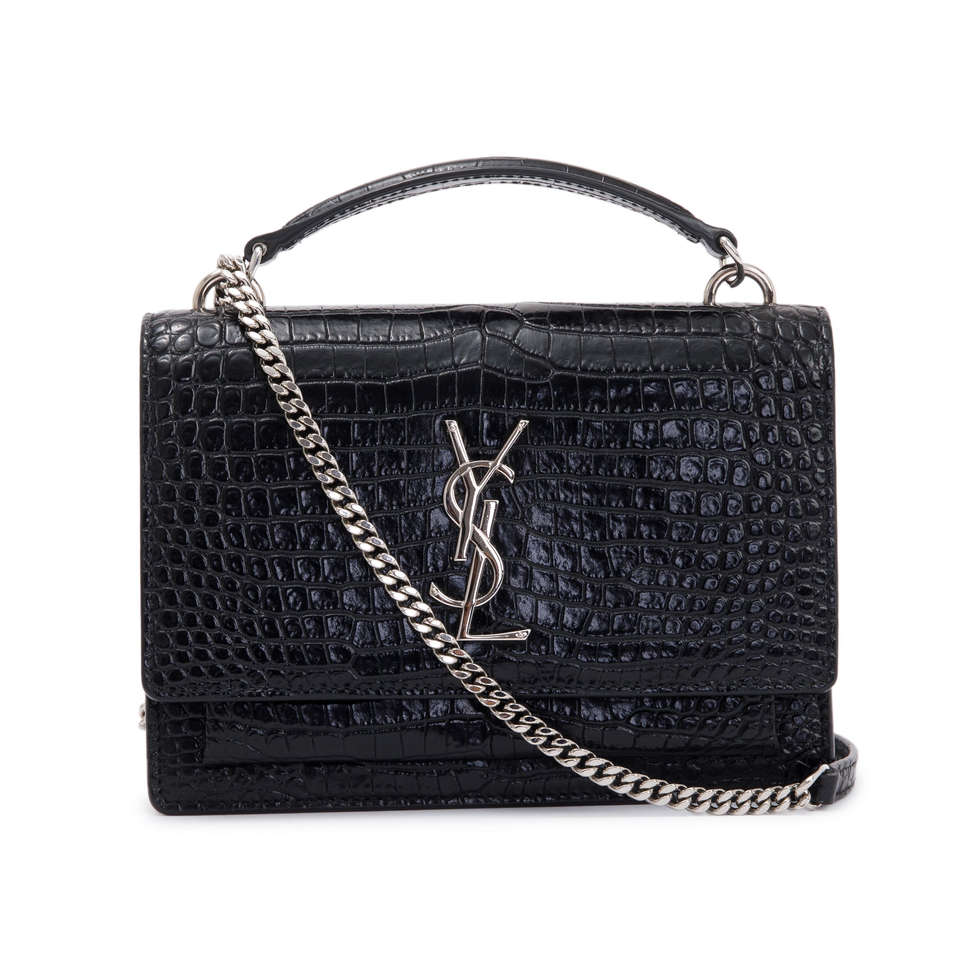 Saint Laurent Black Crocodile Embossed Small Sunset Chain Wallet w/ Strap