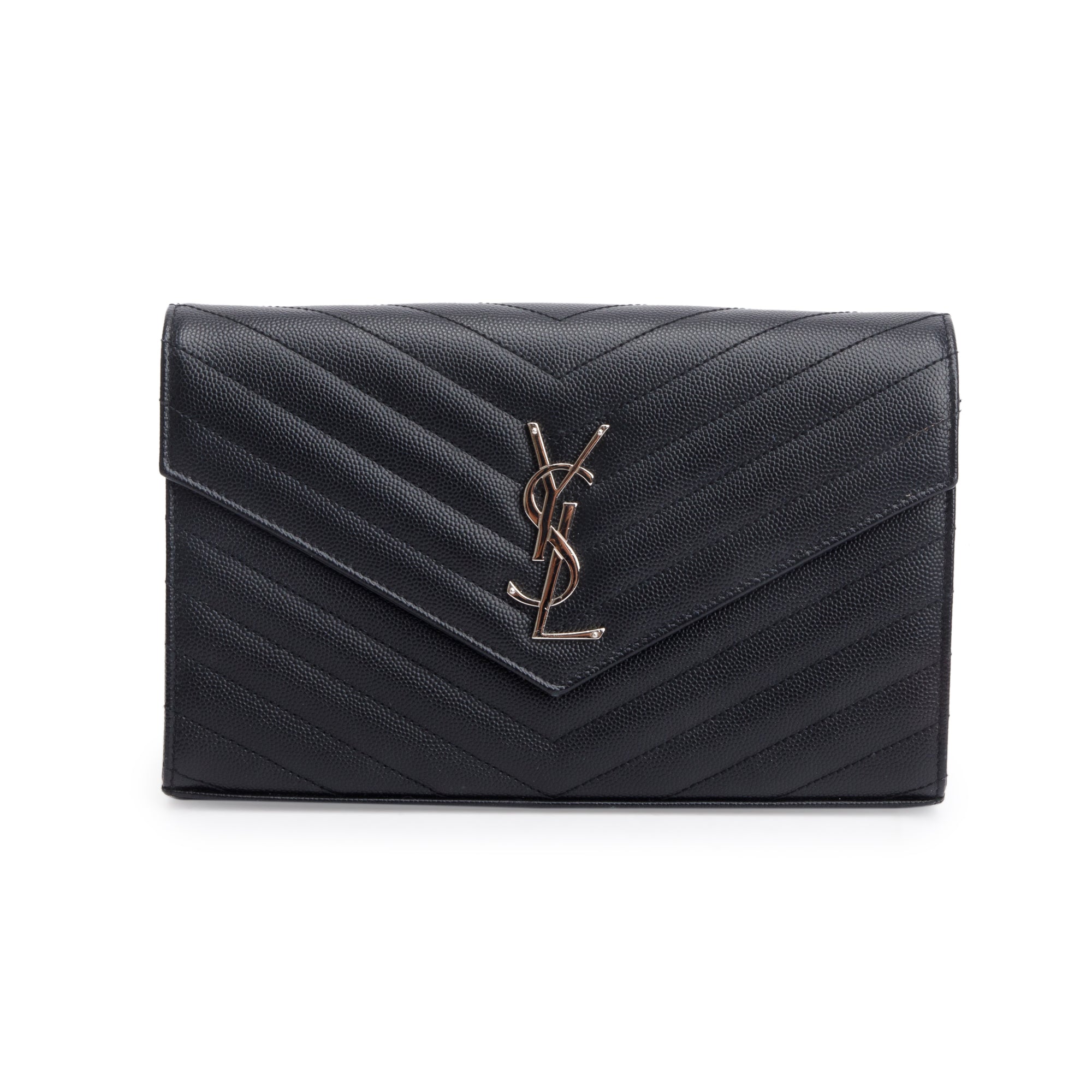 Saint Laurent Black Grain De Poudre Cassandre Envelope Chain Wallet