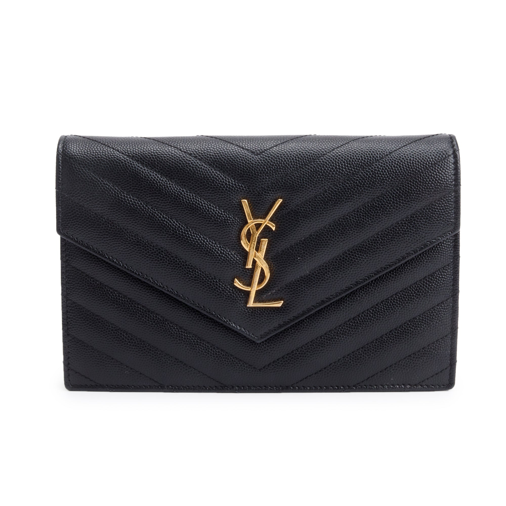 Saint Laurent Black Grain De Poudre Cassandre Envelope Chain Wallet