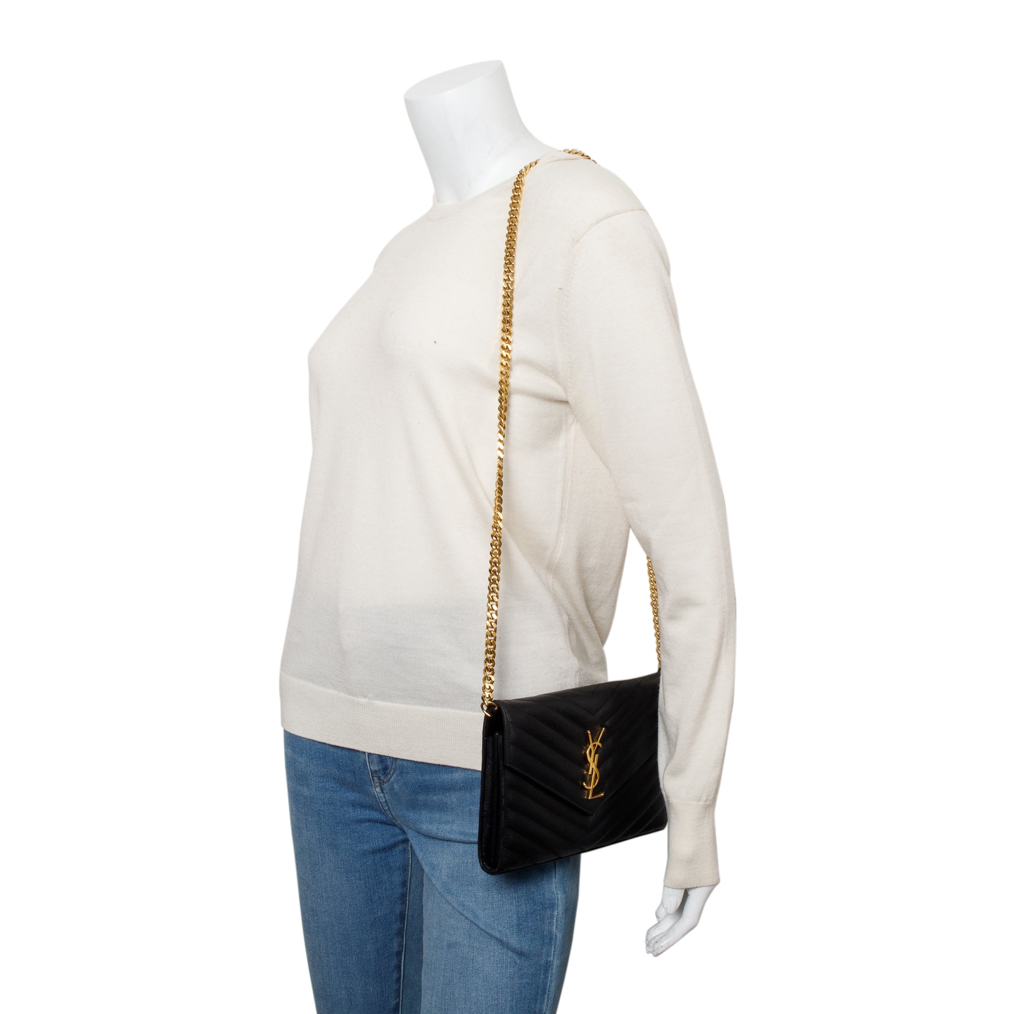 Saint Laurent Black Grain De Poudre Cassandre Envelope Chain Wallet w/ Box