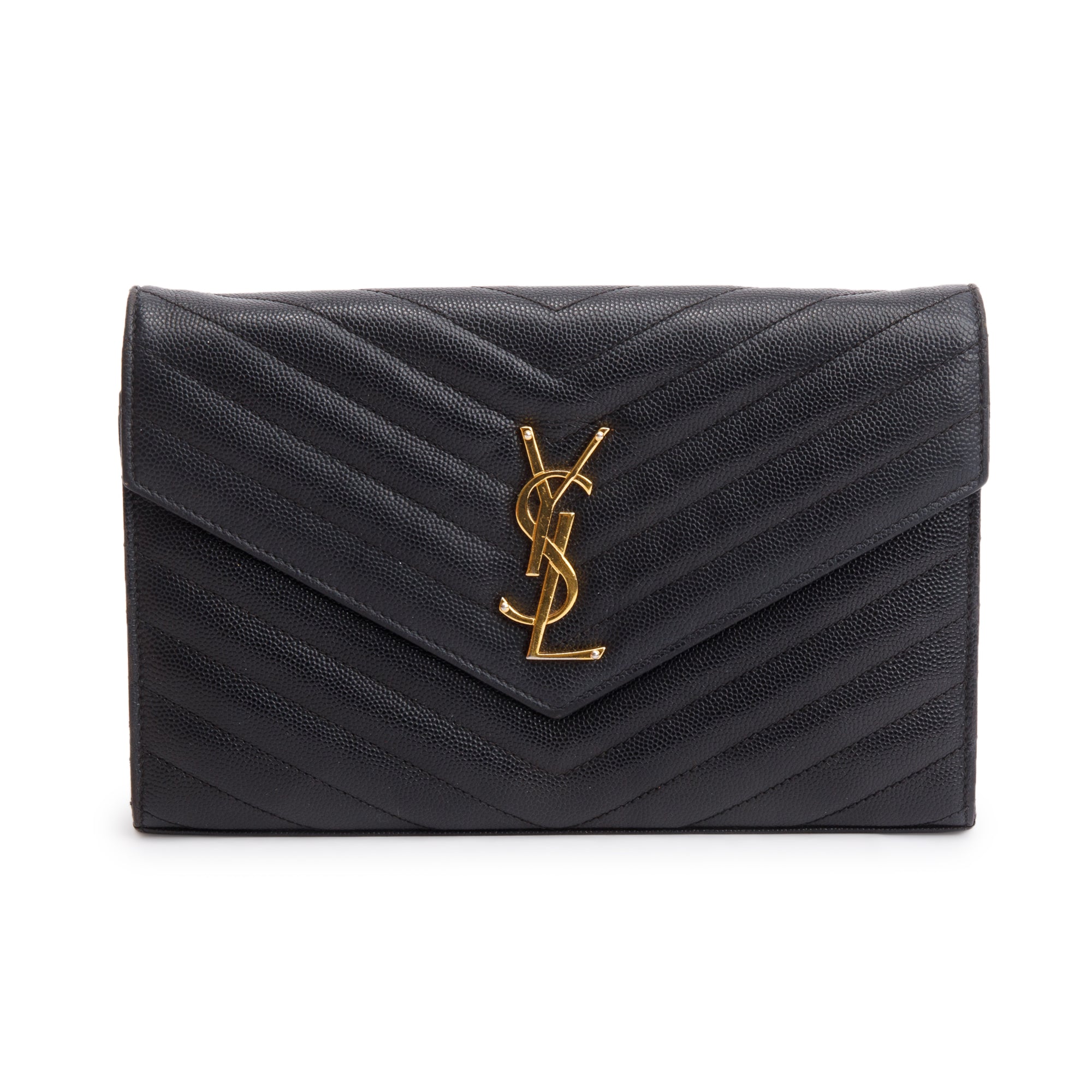 Saint Laurent Black Grain De Poudre Cassandre Envelope Chain Wallet w/ Box