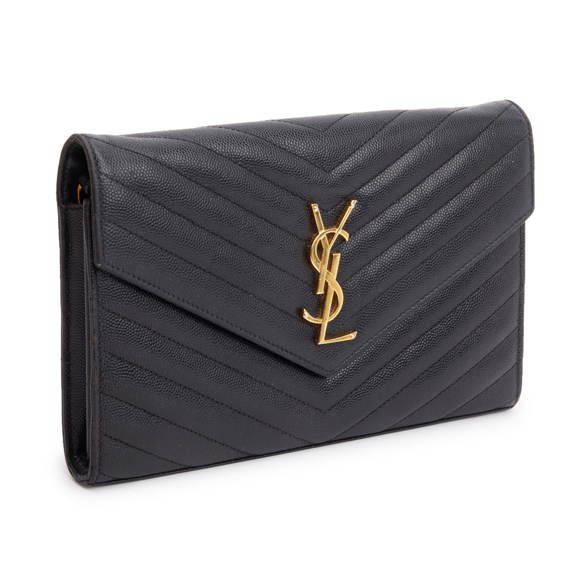 Saint Laurent Black Grain De Poudre Cassandre Envelope Chain Wallet w/ Box